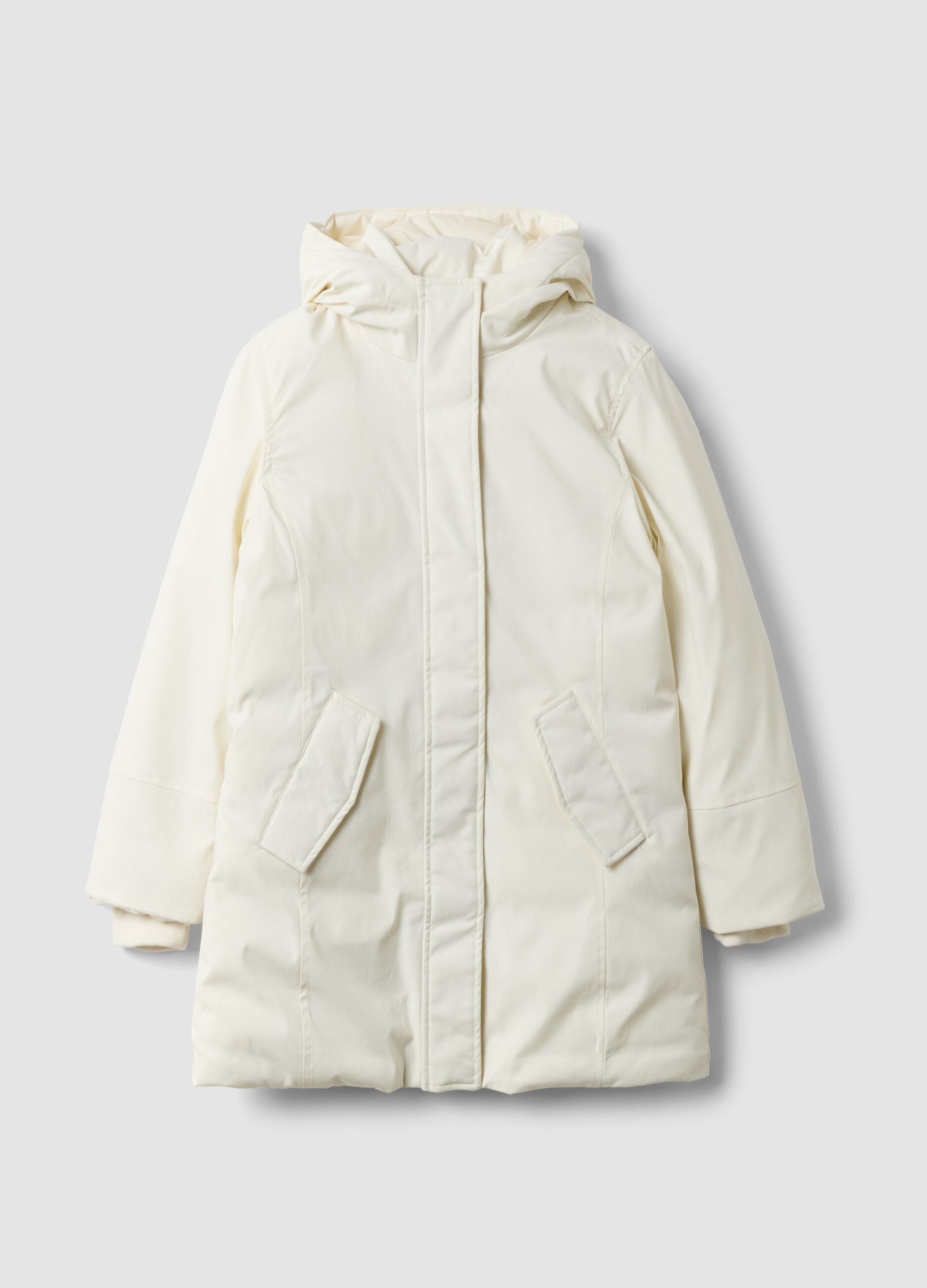 White padded jacket with hood and zip