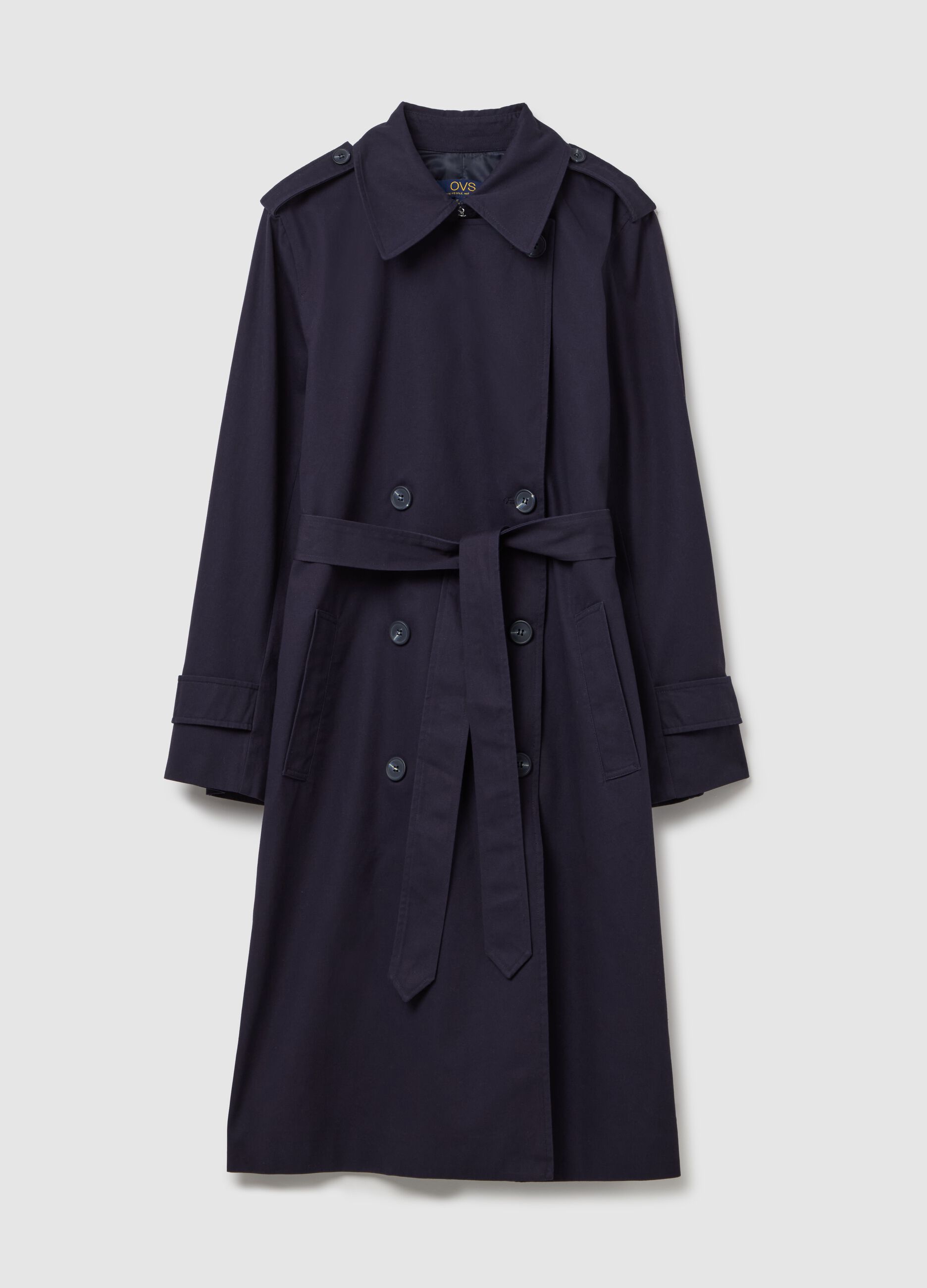 Long double-breasted trench coat with belt