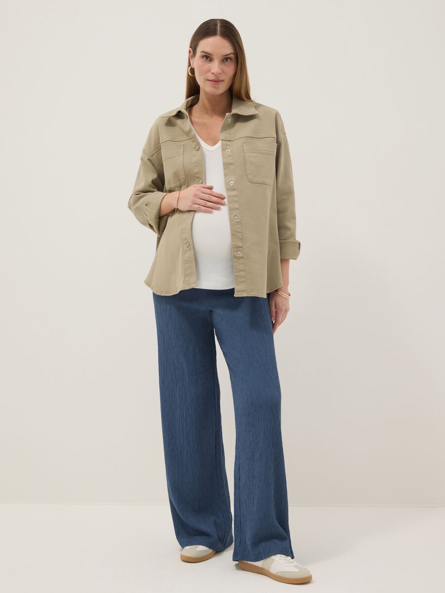 Beige Oversized Fit Stretch Cotton Maternity Shirt_0