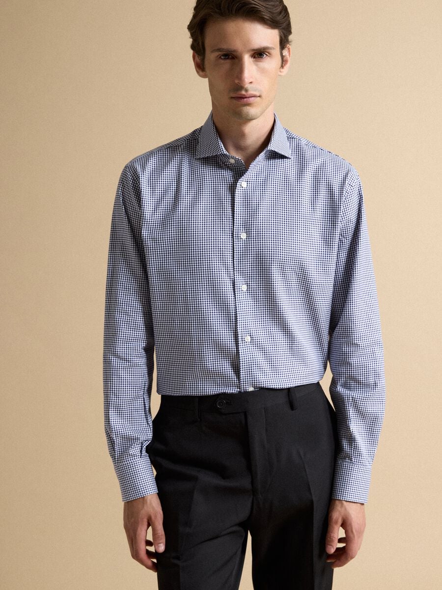 Camicia oxford blu in puro cotone a quadretti regular fit_0