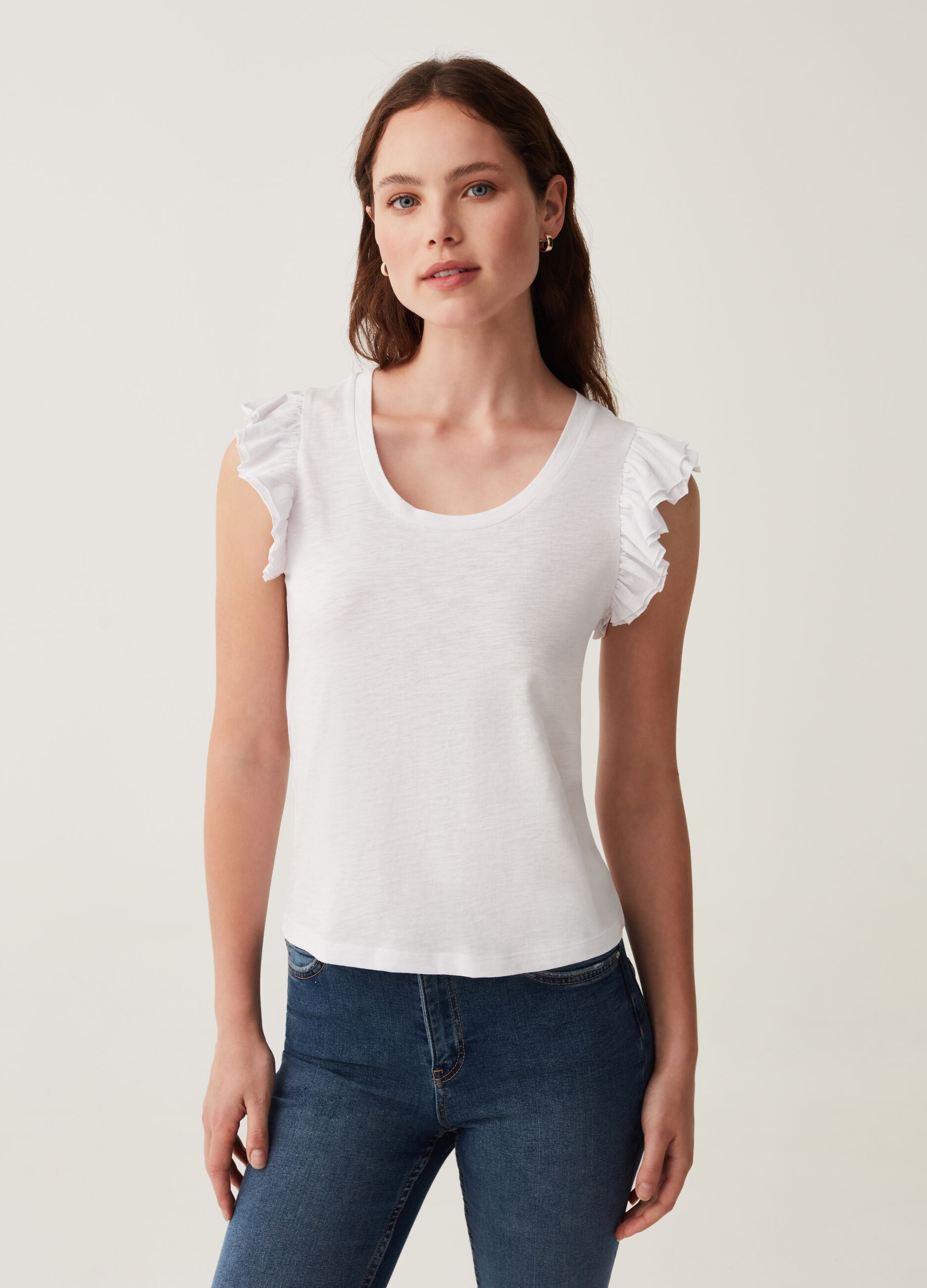 Tank top in cotone slub con volant_1