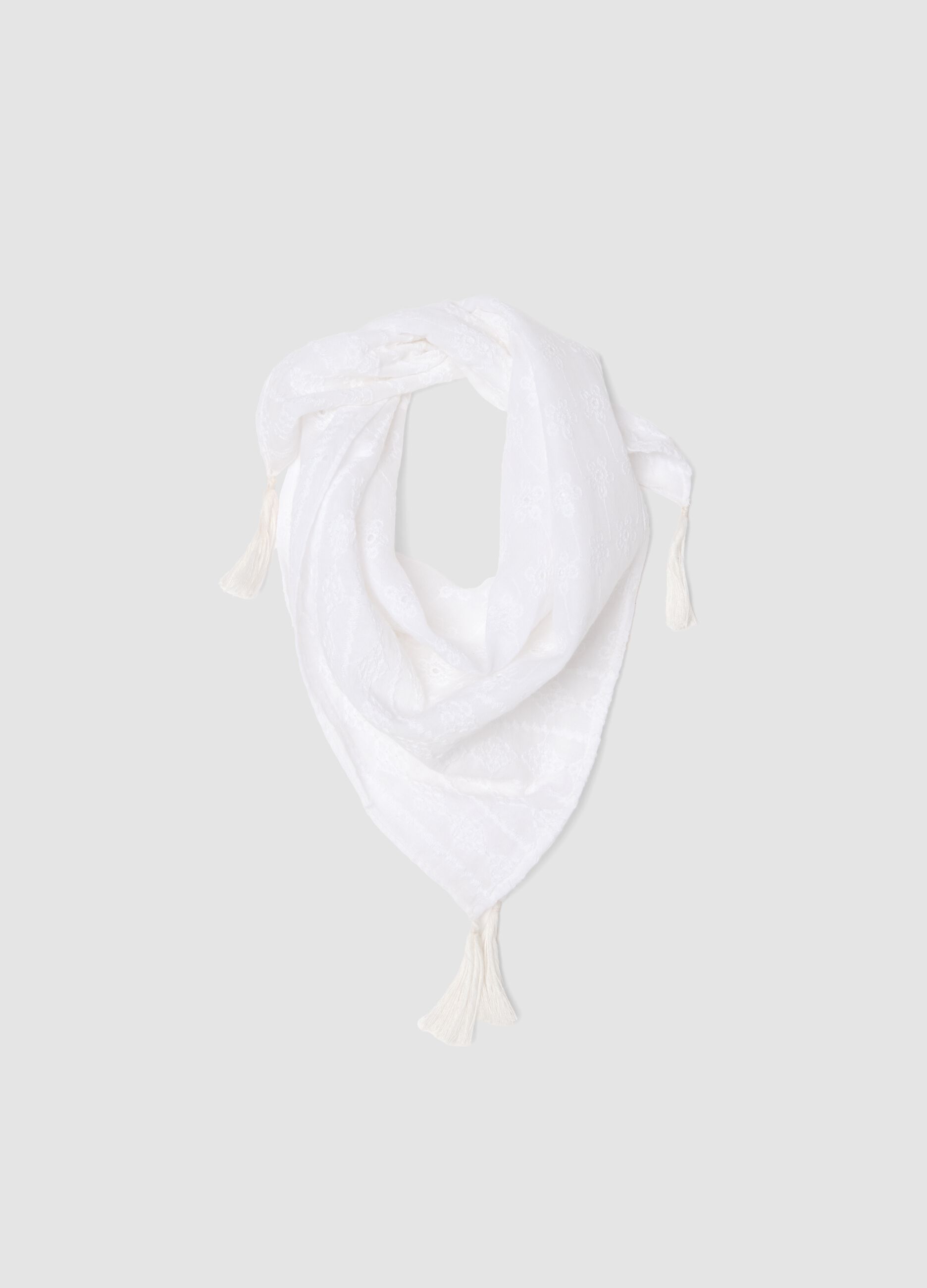 White pure cotton scarf with tassels