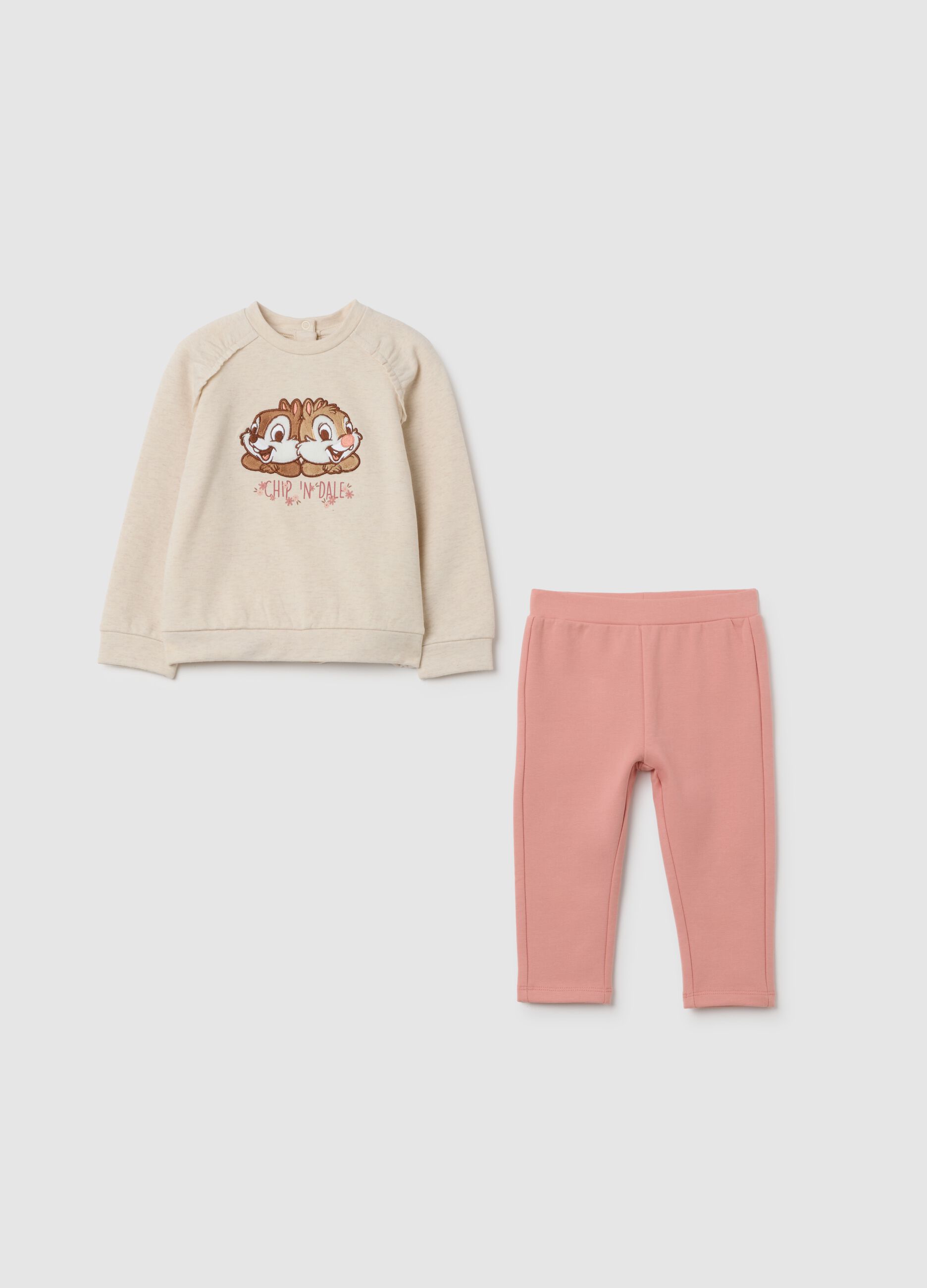 Beige and pink stretchy cotton jogging set for girls