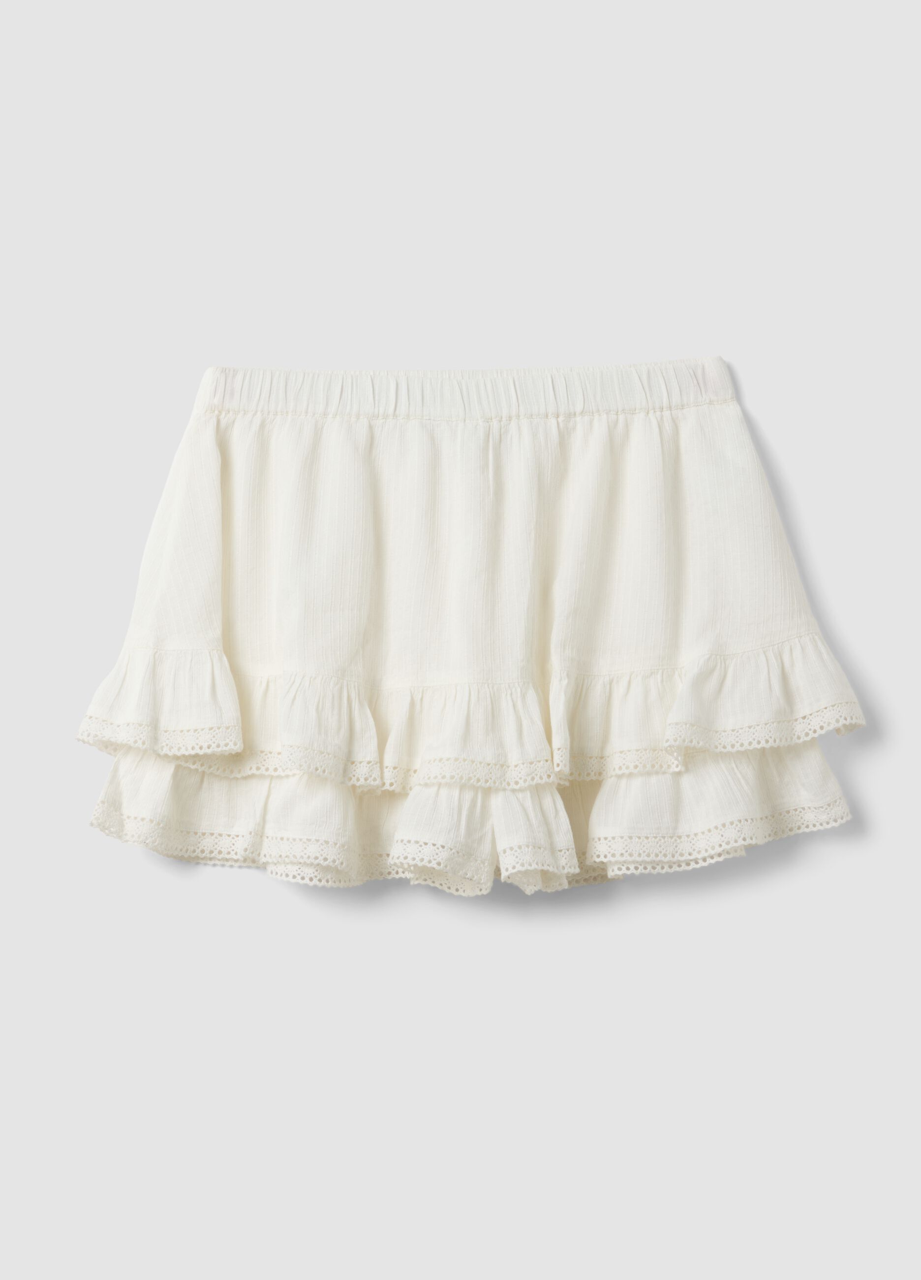White cotton-viscose blend mini skirt with ruffles