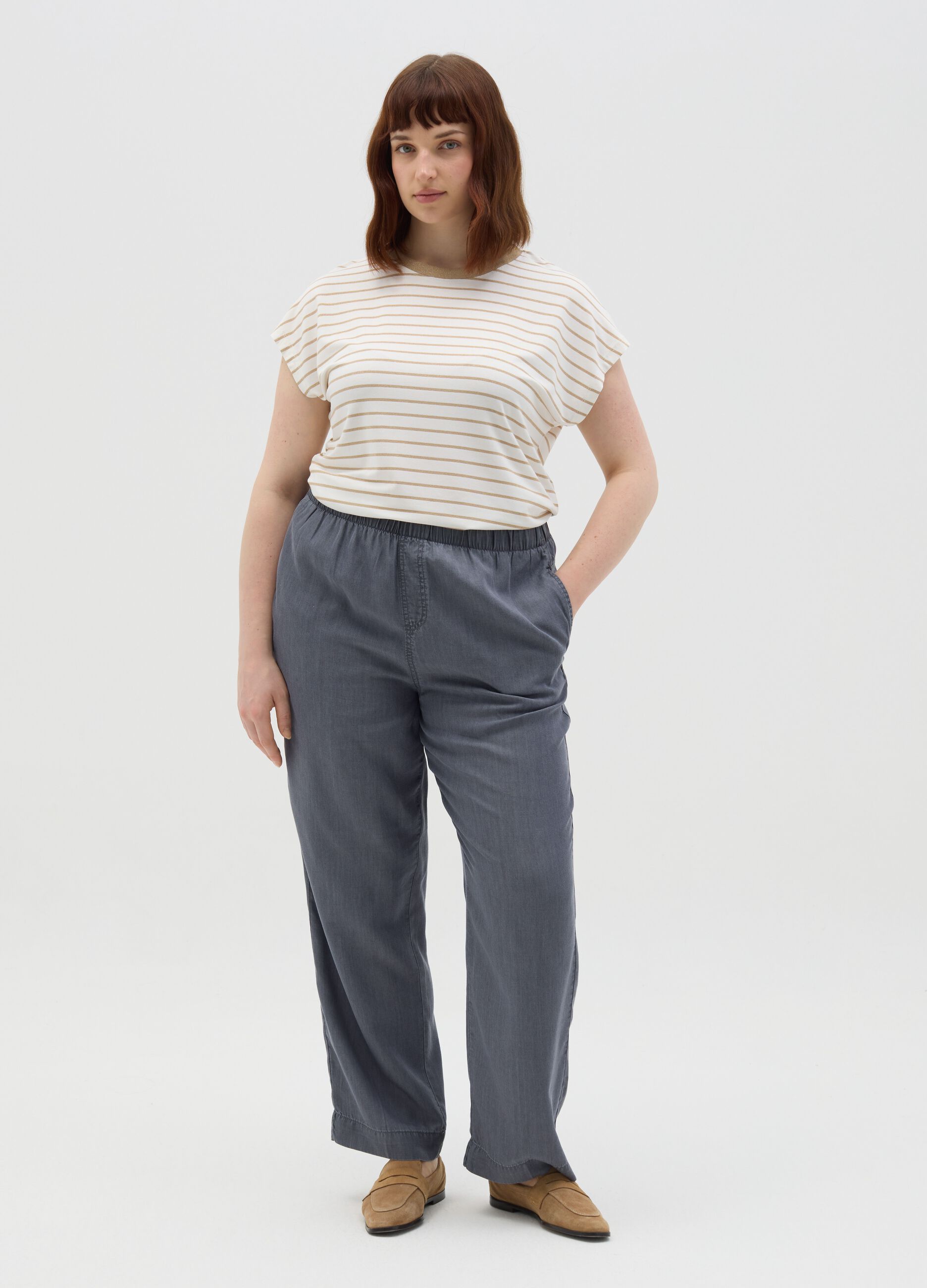 T-shirt a righe beige Curvy