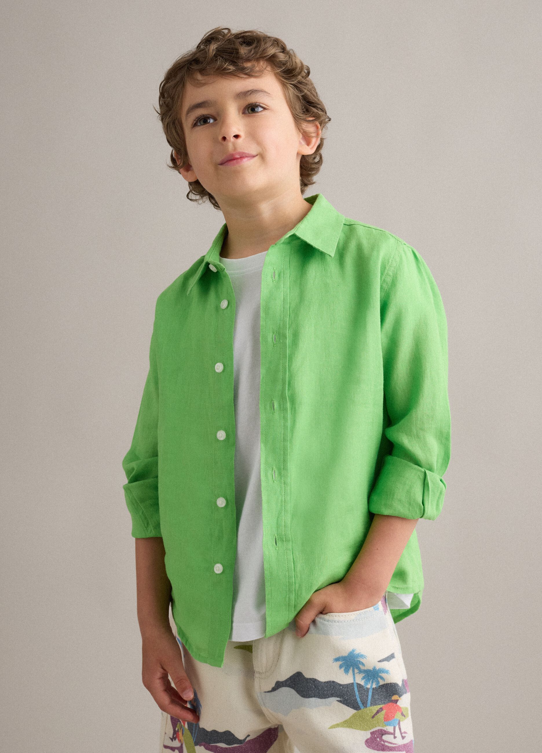 Green pure linen oversized kids&rsquo; shirt