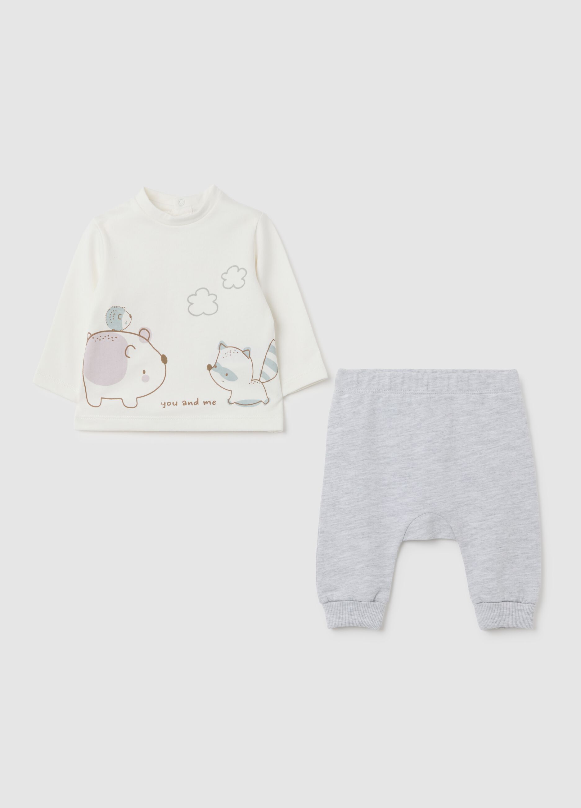 Children's top and trousers set in pure white and grey cotton