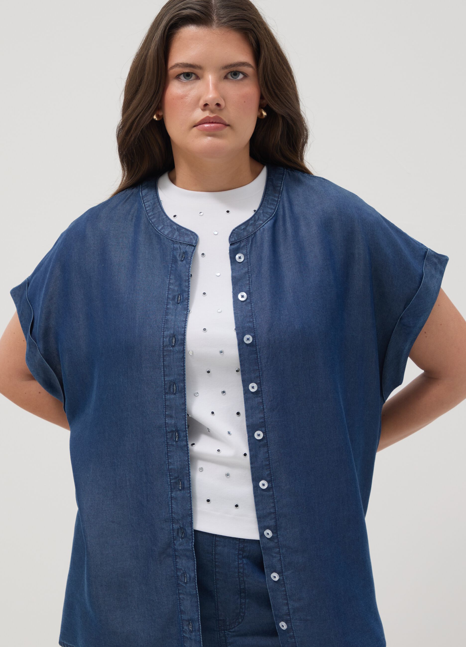 Blue pure lyocell regular fit shirt with mandarin collar