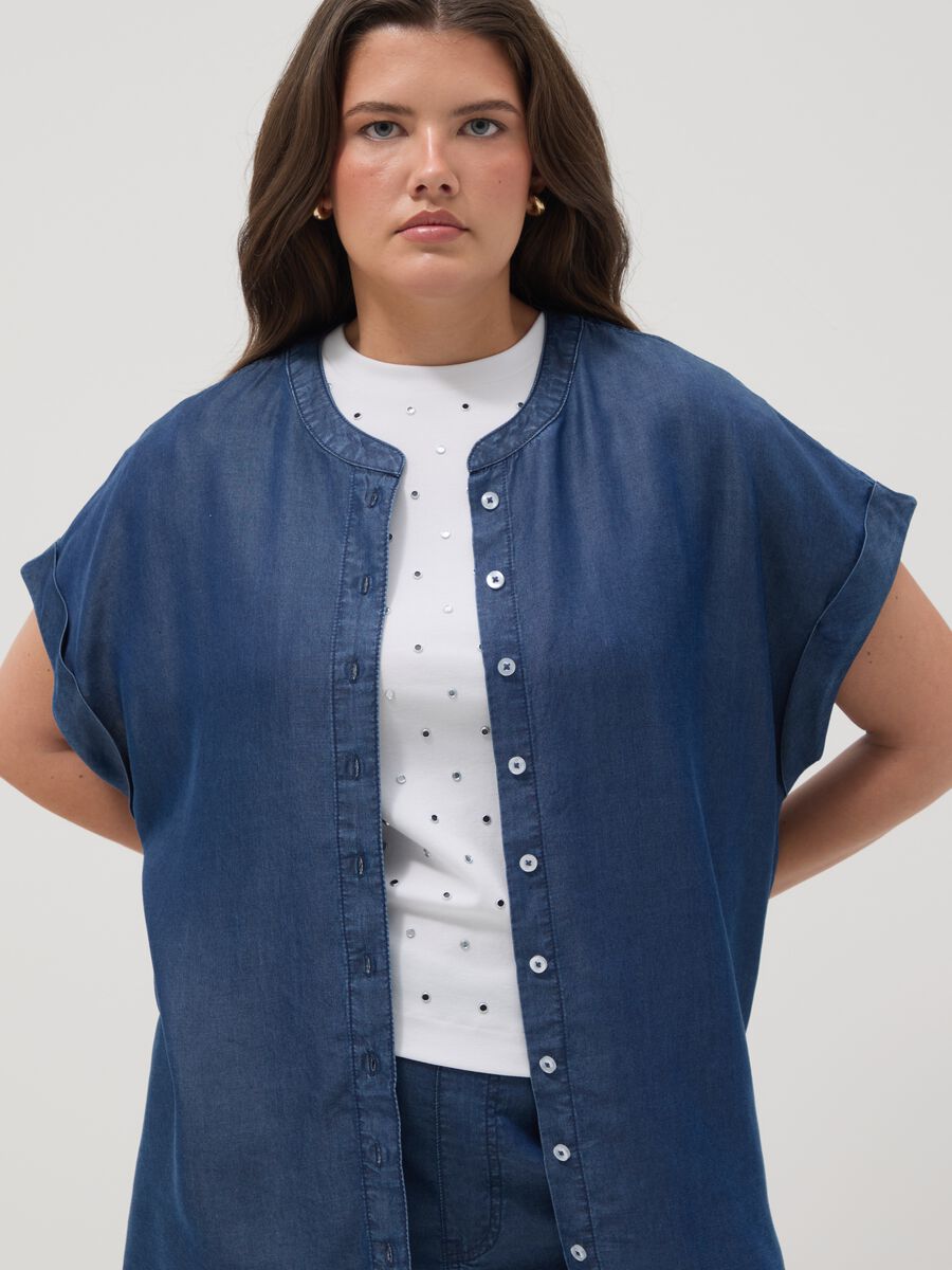 Camicia in puro lyocell blu regular fit con collo alla coreana_1