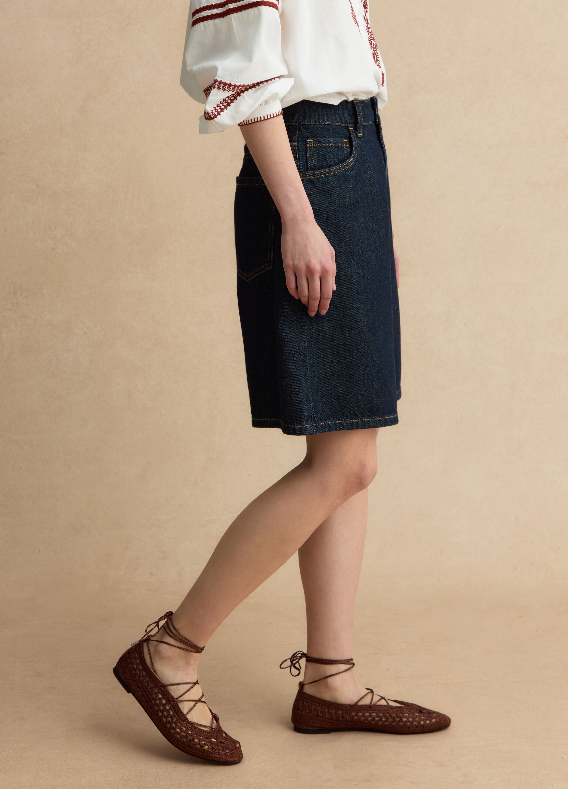 Wide leg blue denim pure cotton shorts