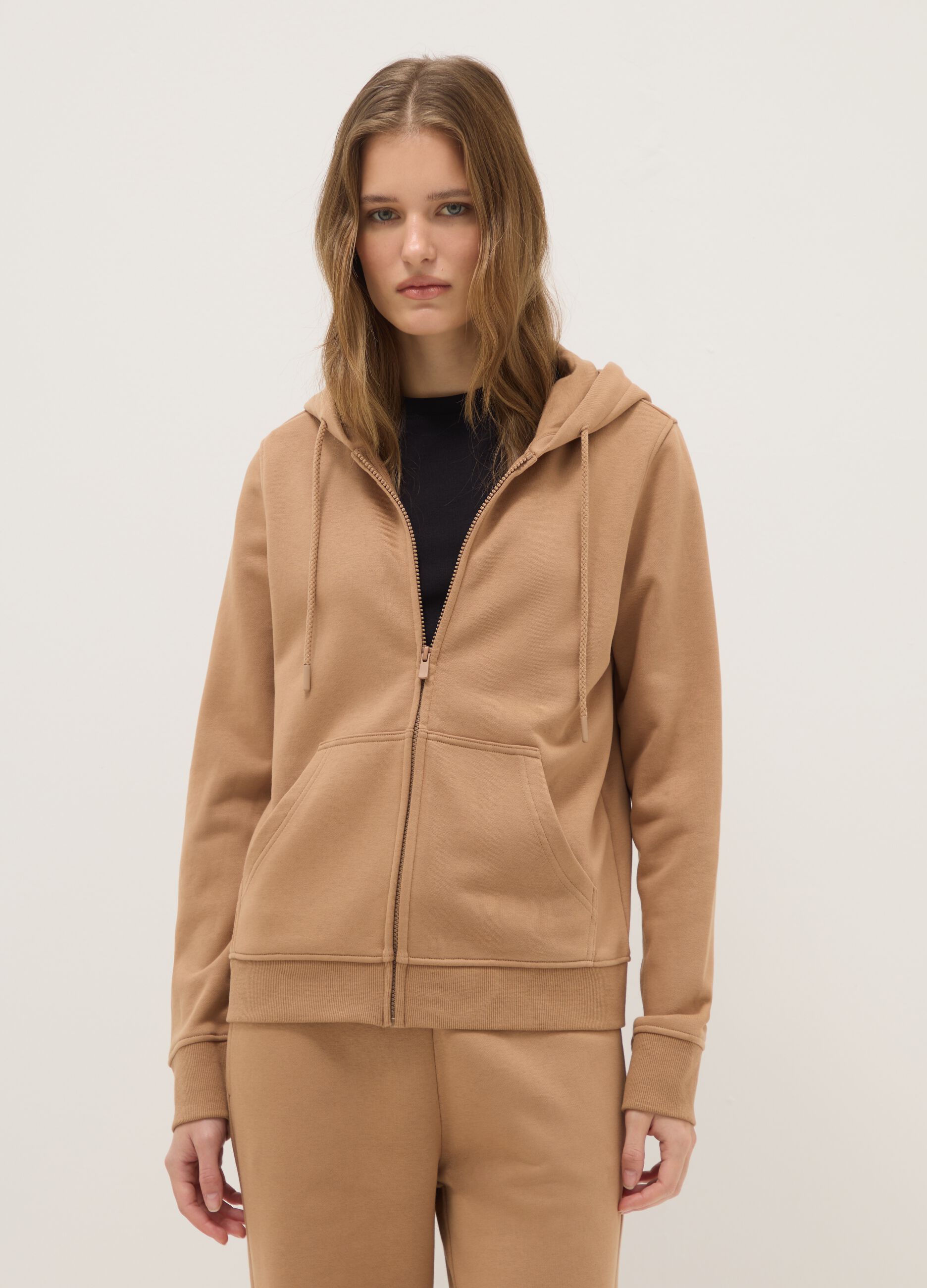 Brown cotton blend hoodie regular fit with zip