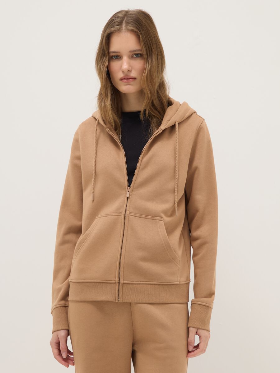Brown cotton blend hoodie regular fit with zip_0