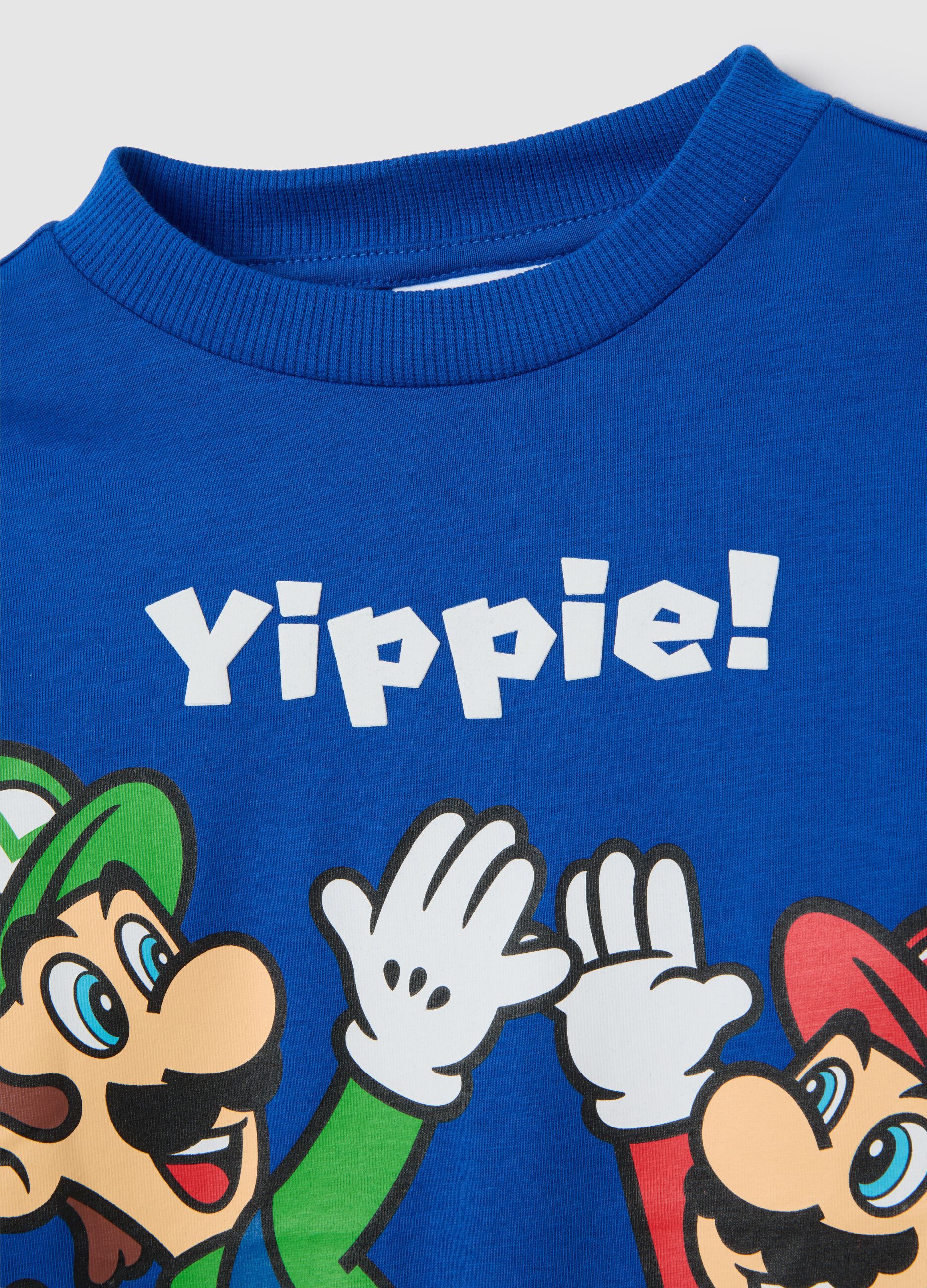 Children's blue pure cotton T-shirt with Super Mario print