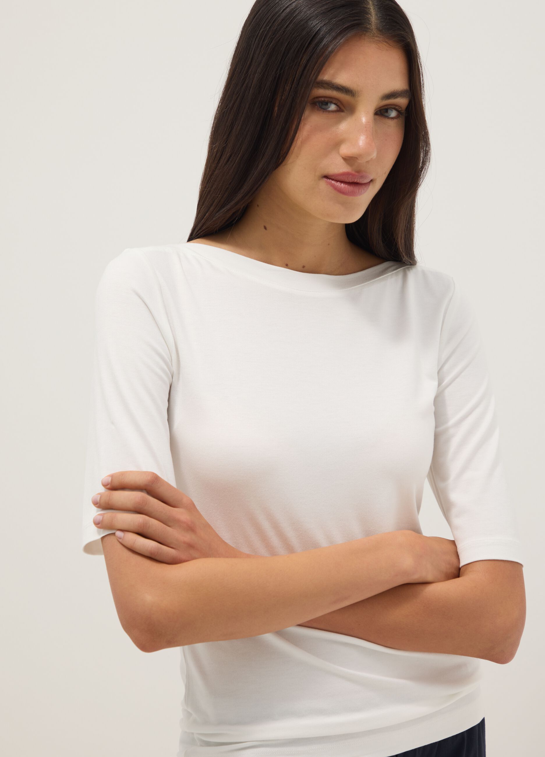 White stretch viscose regular fit boat neck t-shirt