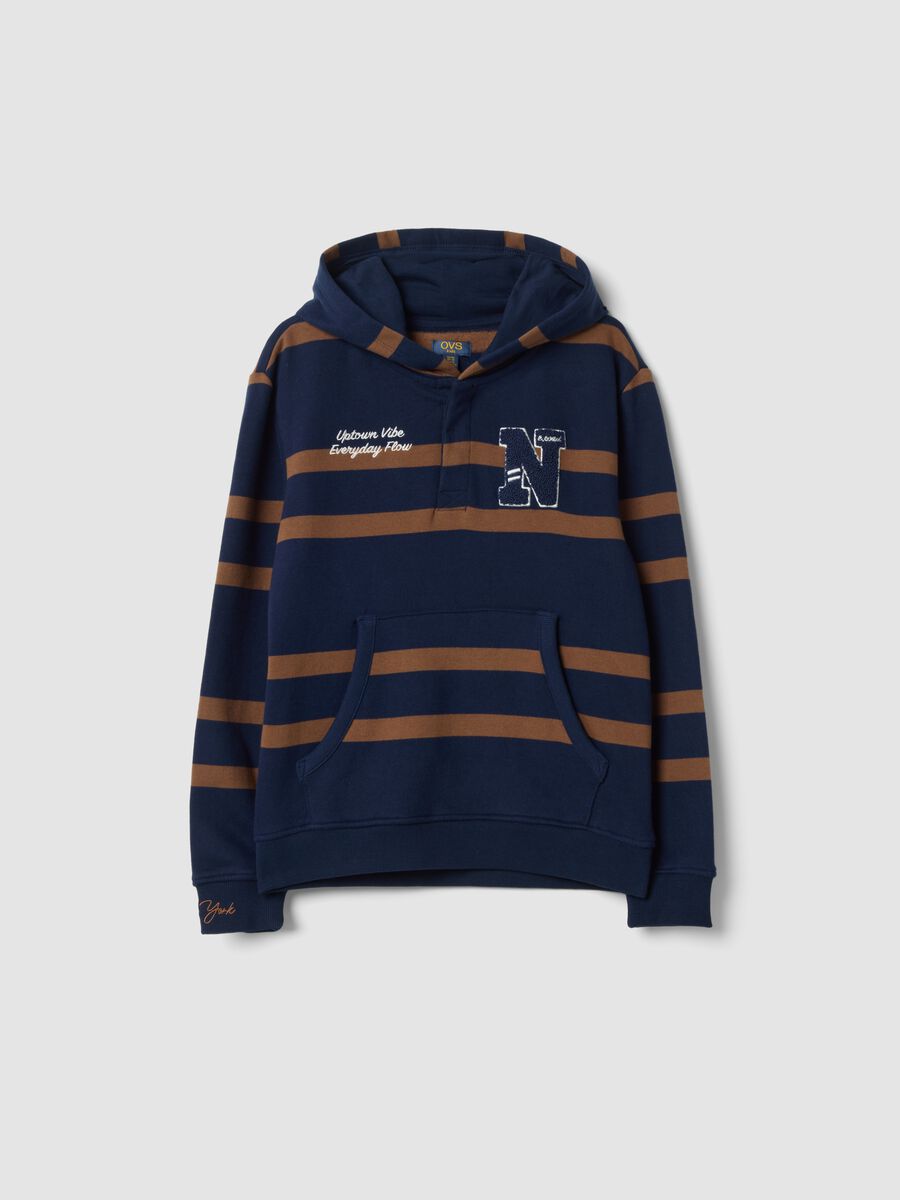 Navy and brown pure cotton fleece hoodie, relaxed fit_0