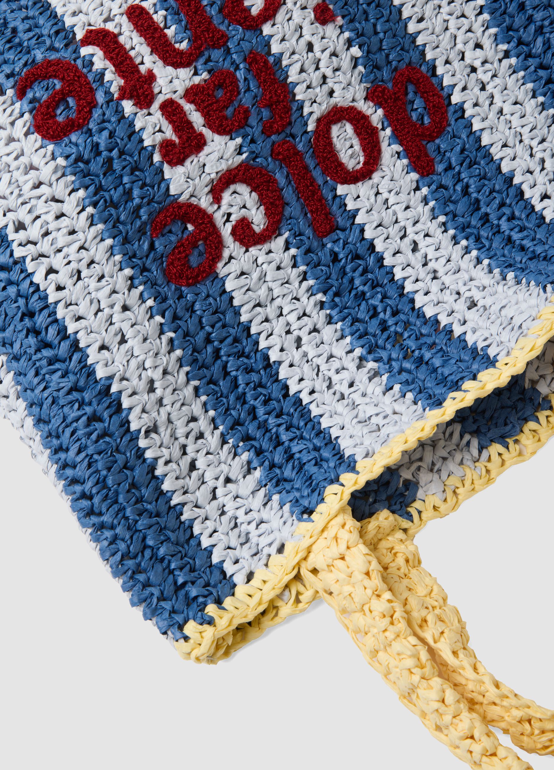 Multicoloured striped beach bag in pure paper fabric with slogan