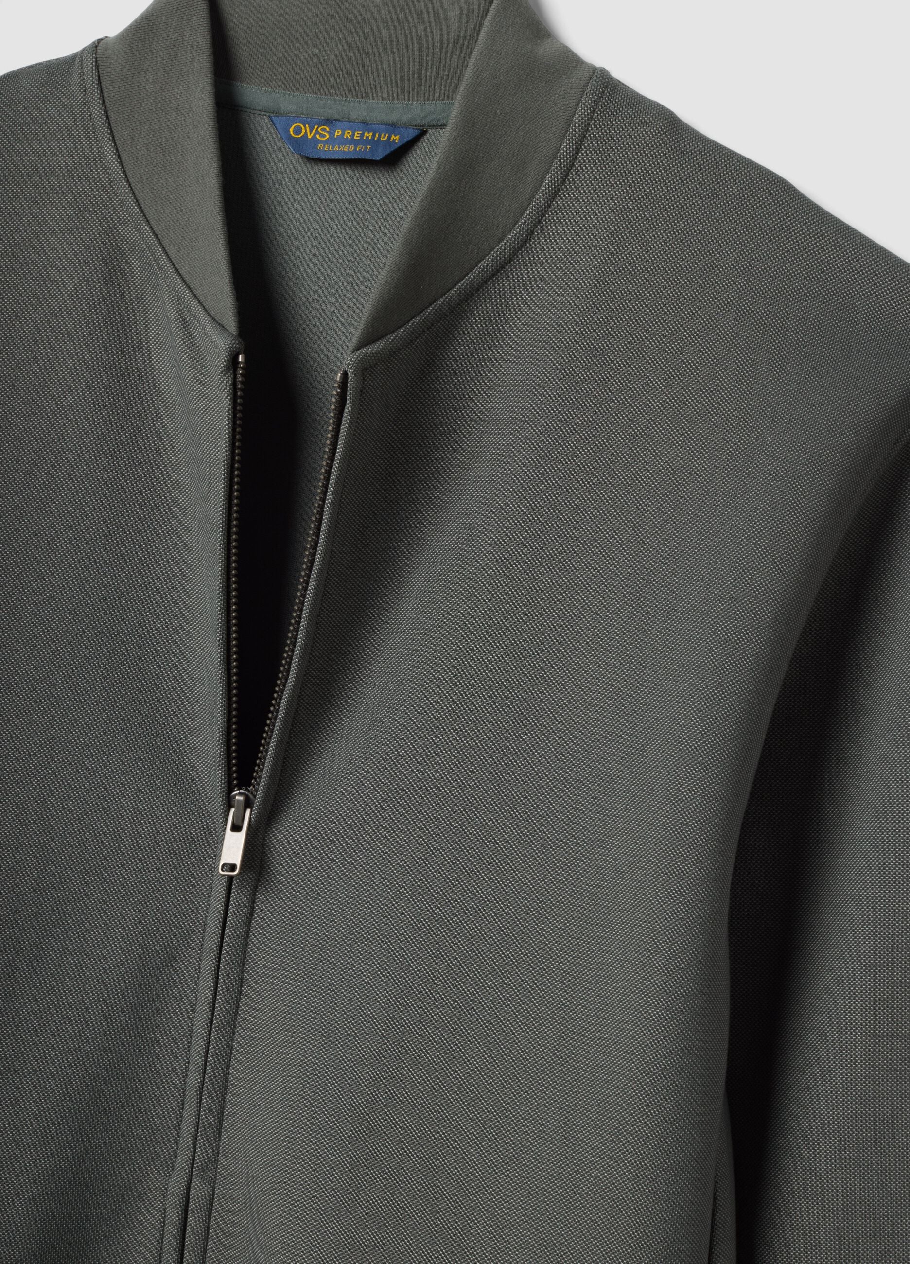 Grey full-zip piqu&eacute; sweatshirt in stretch fabric with ribbed collar