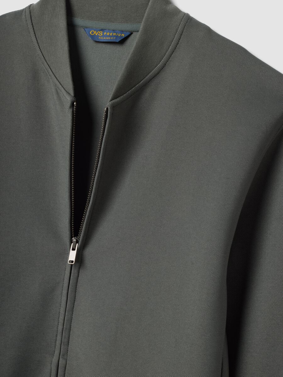 Grey full-zip piqu&eacute; sweatshirt in stretch fabric with ribbed collar_1