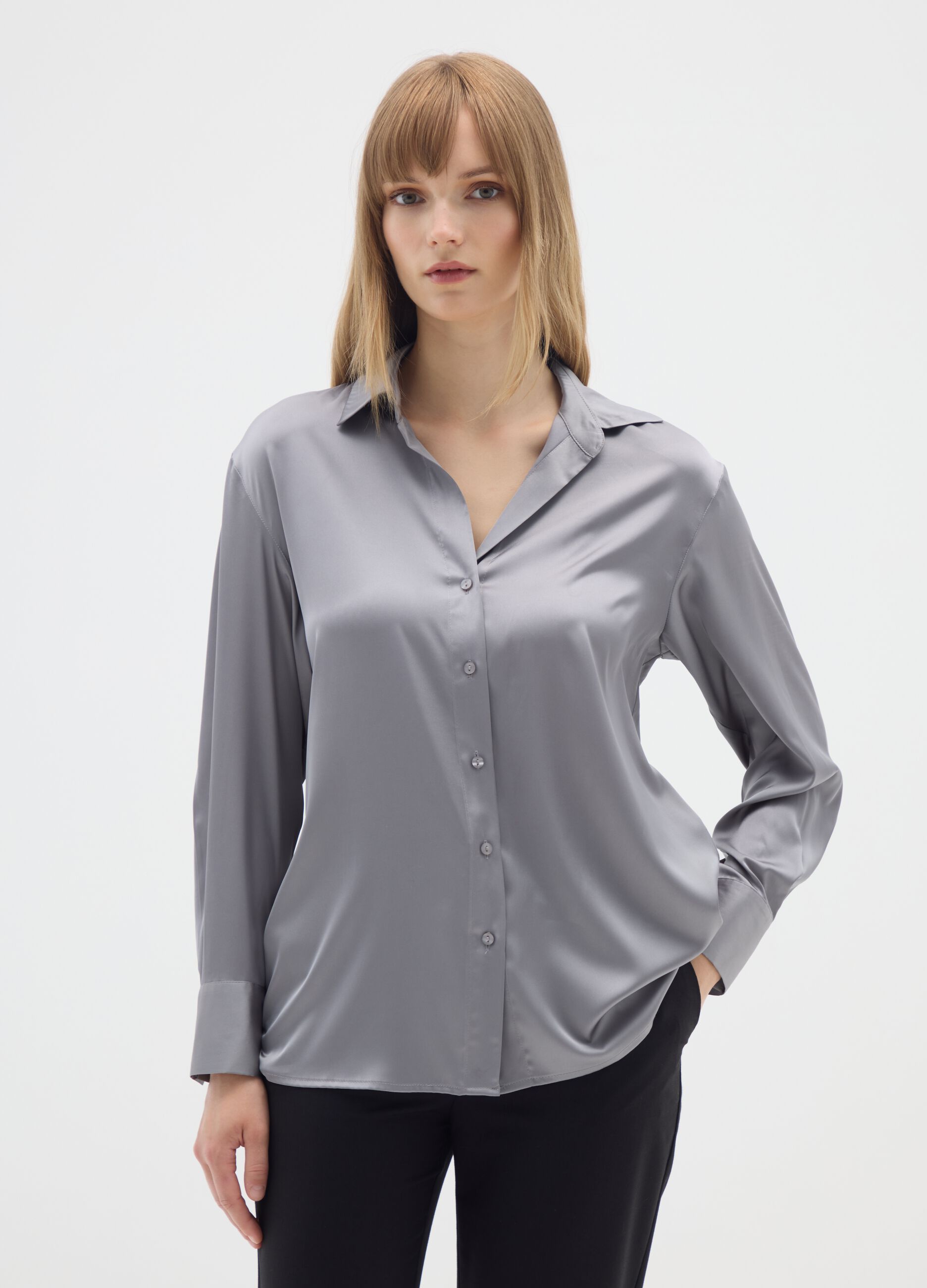 Long-sleeved grey satin shirt