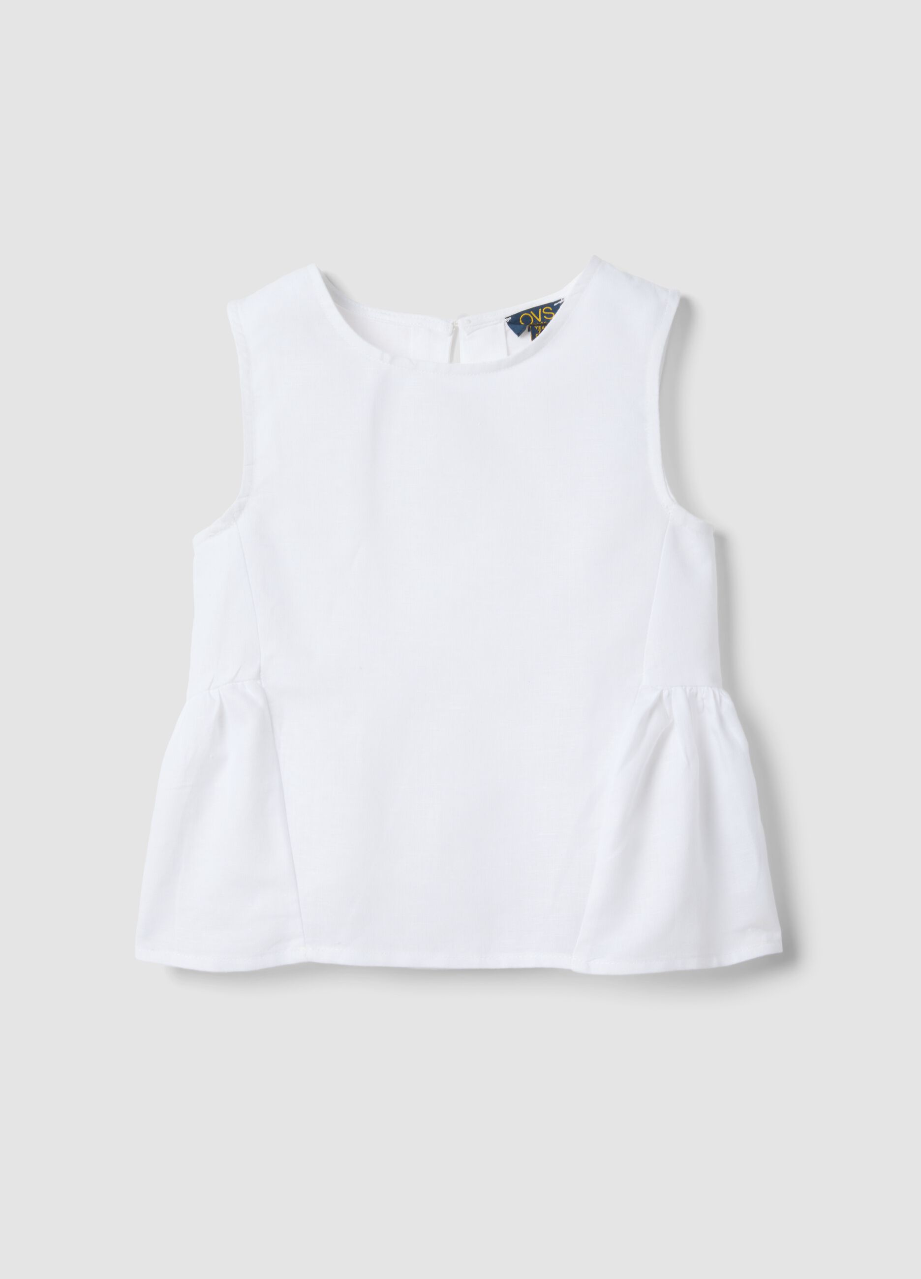 White linen-blend cotton top with ruffle hem for girls, regular fit