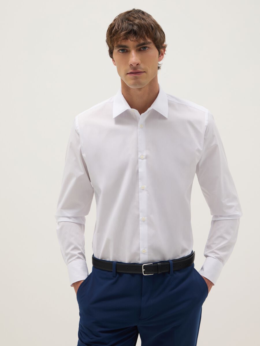 White cotton blend slim fit shirt_0