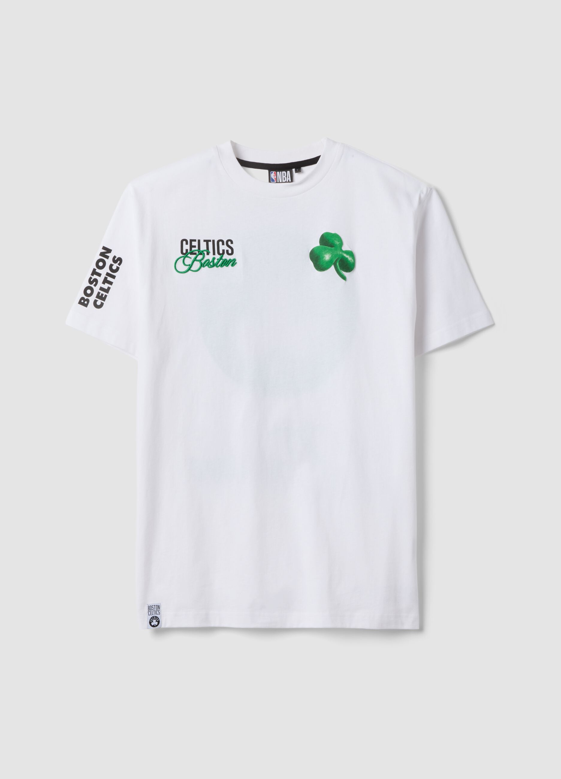 White pure cotton T-shirt with Boston Celtics logo