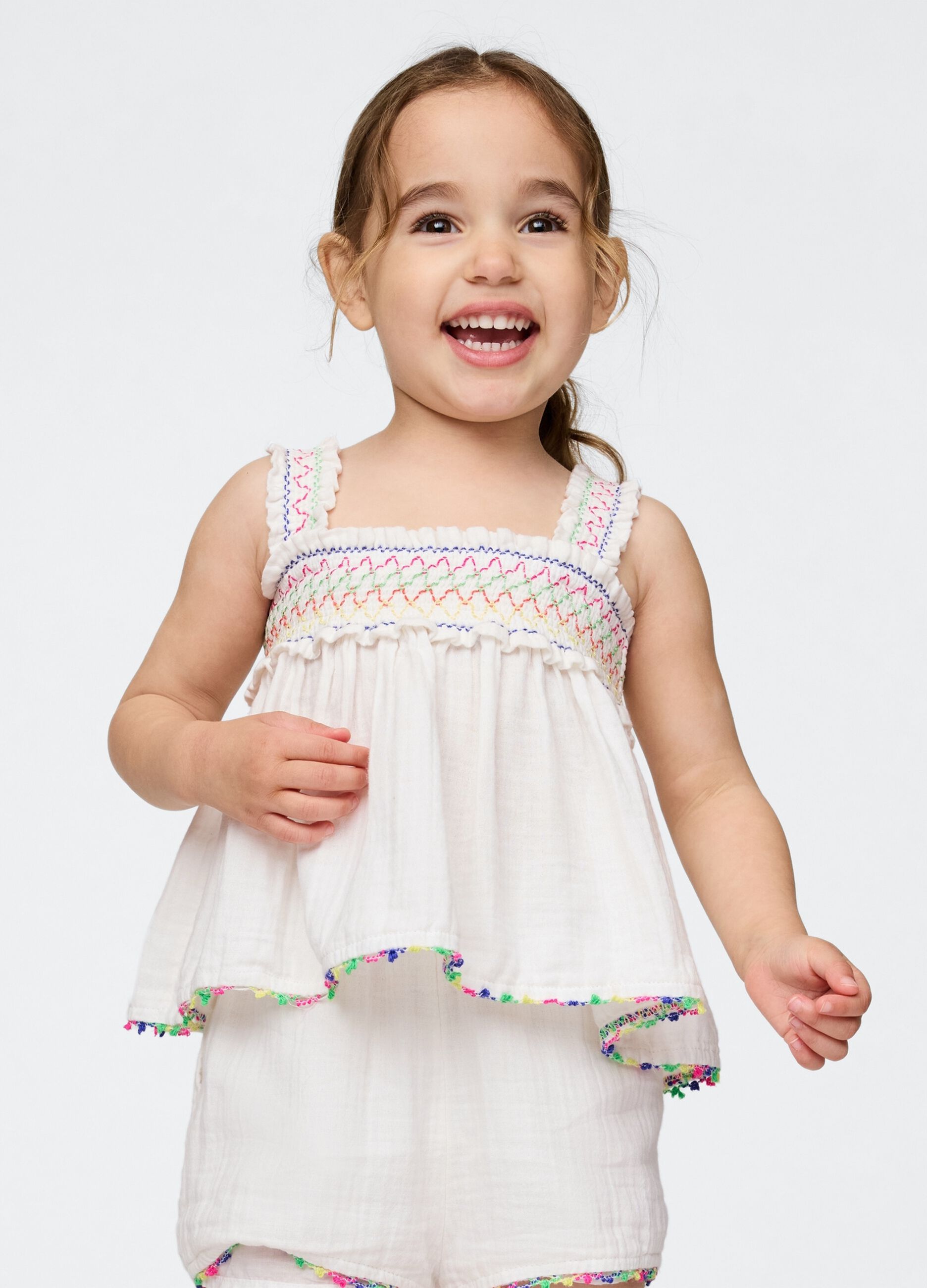 White summer outfit for girls with colourful embroidery