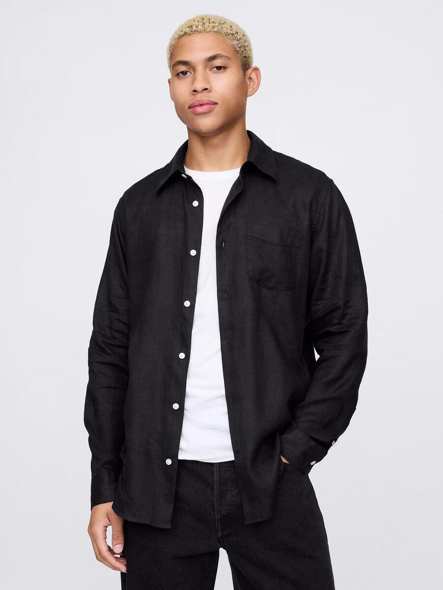 Black shirt with long sleeves in linen_0