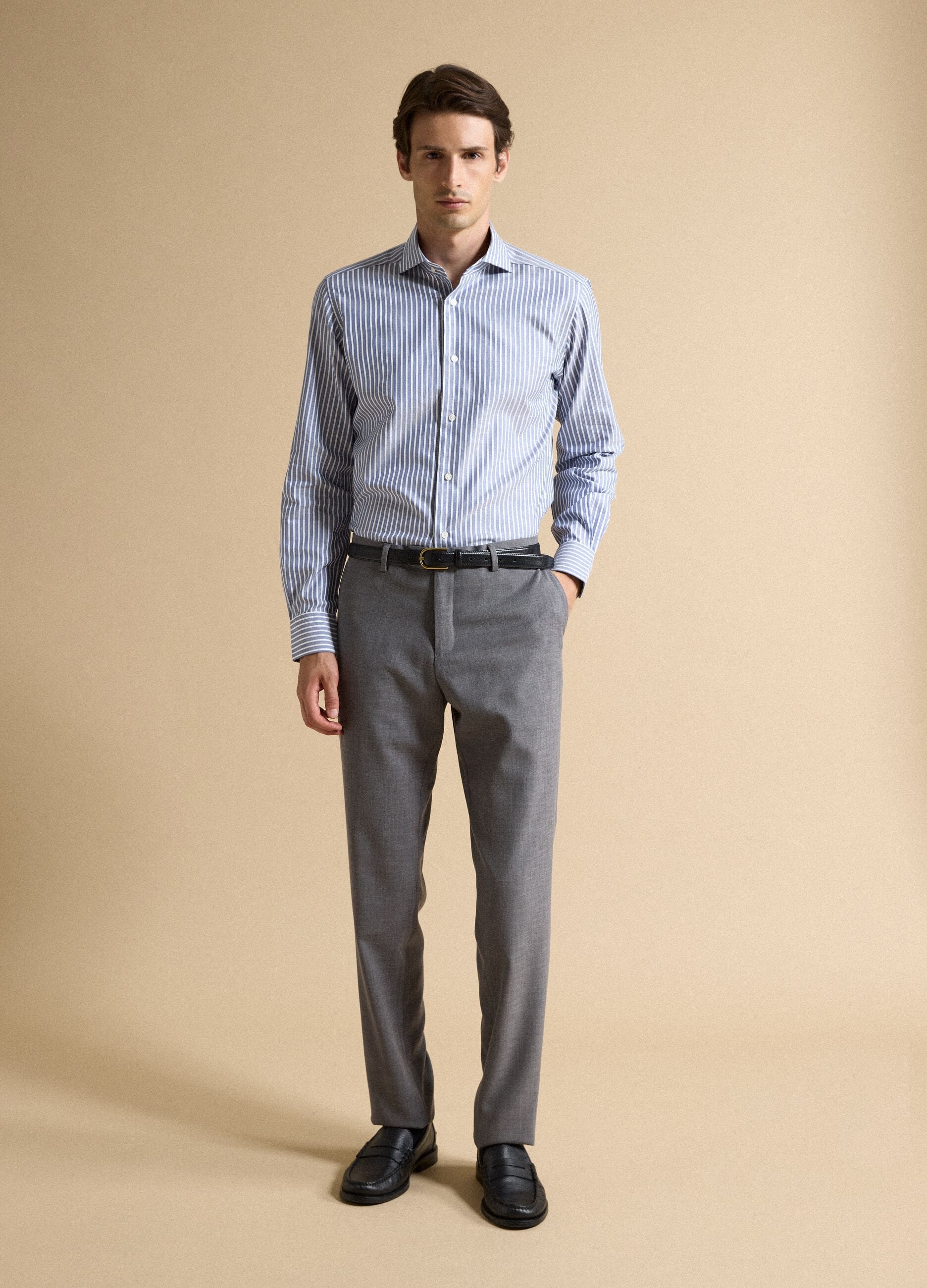 White pure cotton striped Oxford shirt, slim fit