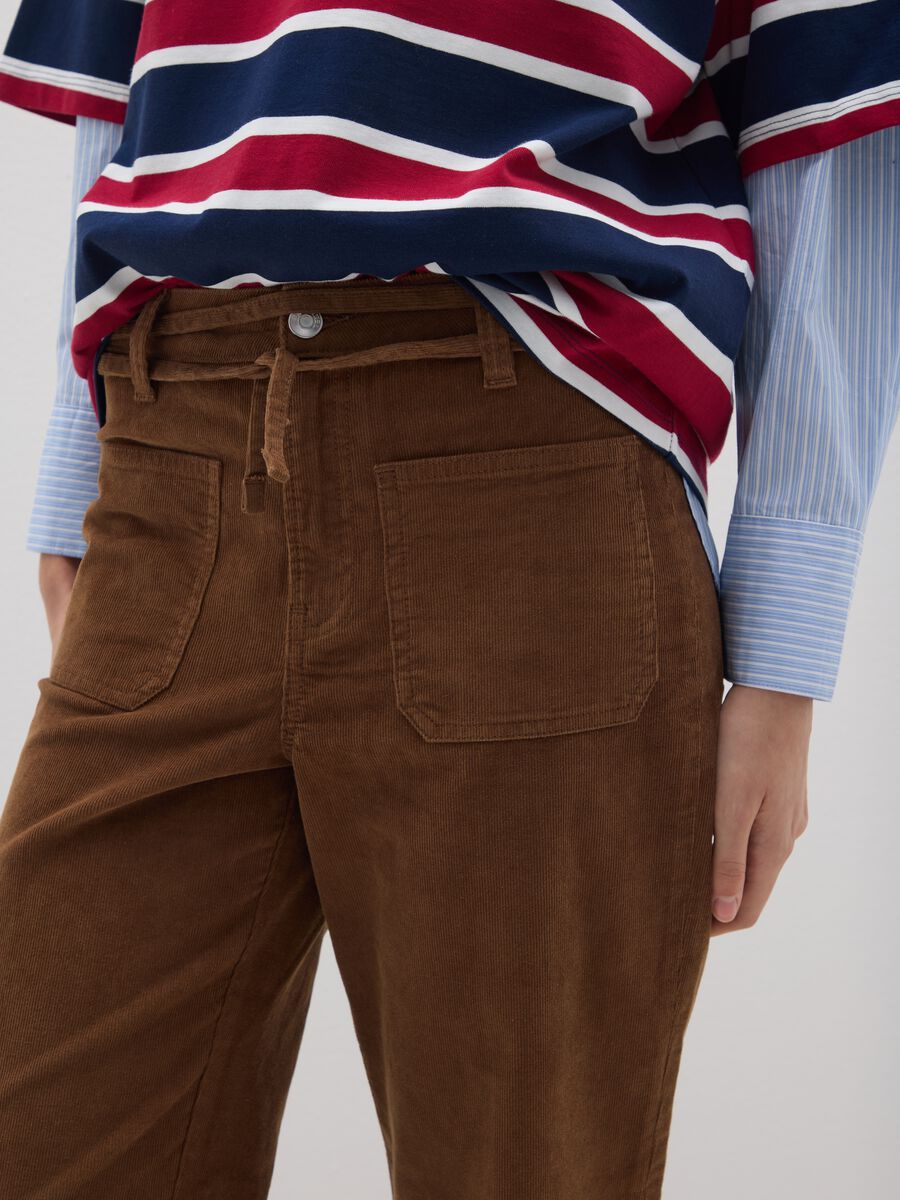 Brown Flare Stretch Corduroy Trousers_3