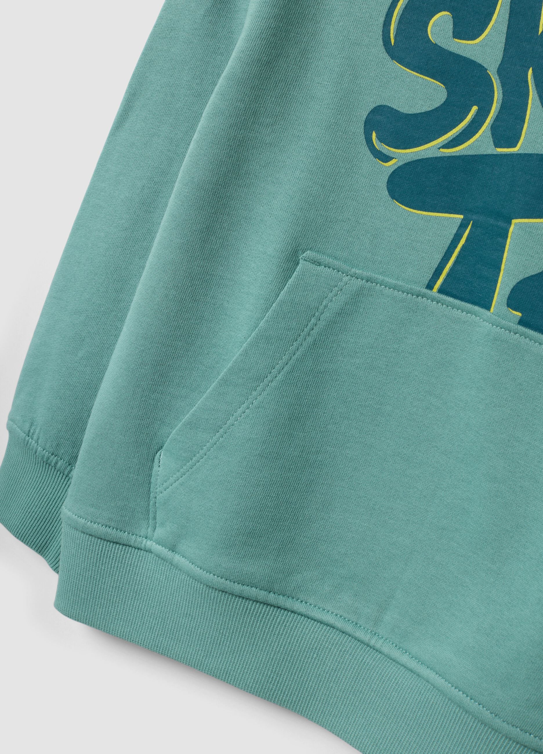 Blue oversized pure cotton hoodie with print and kangaroo pocket for boys