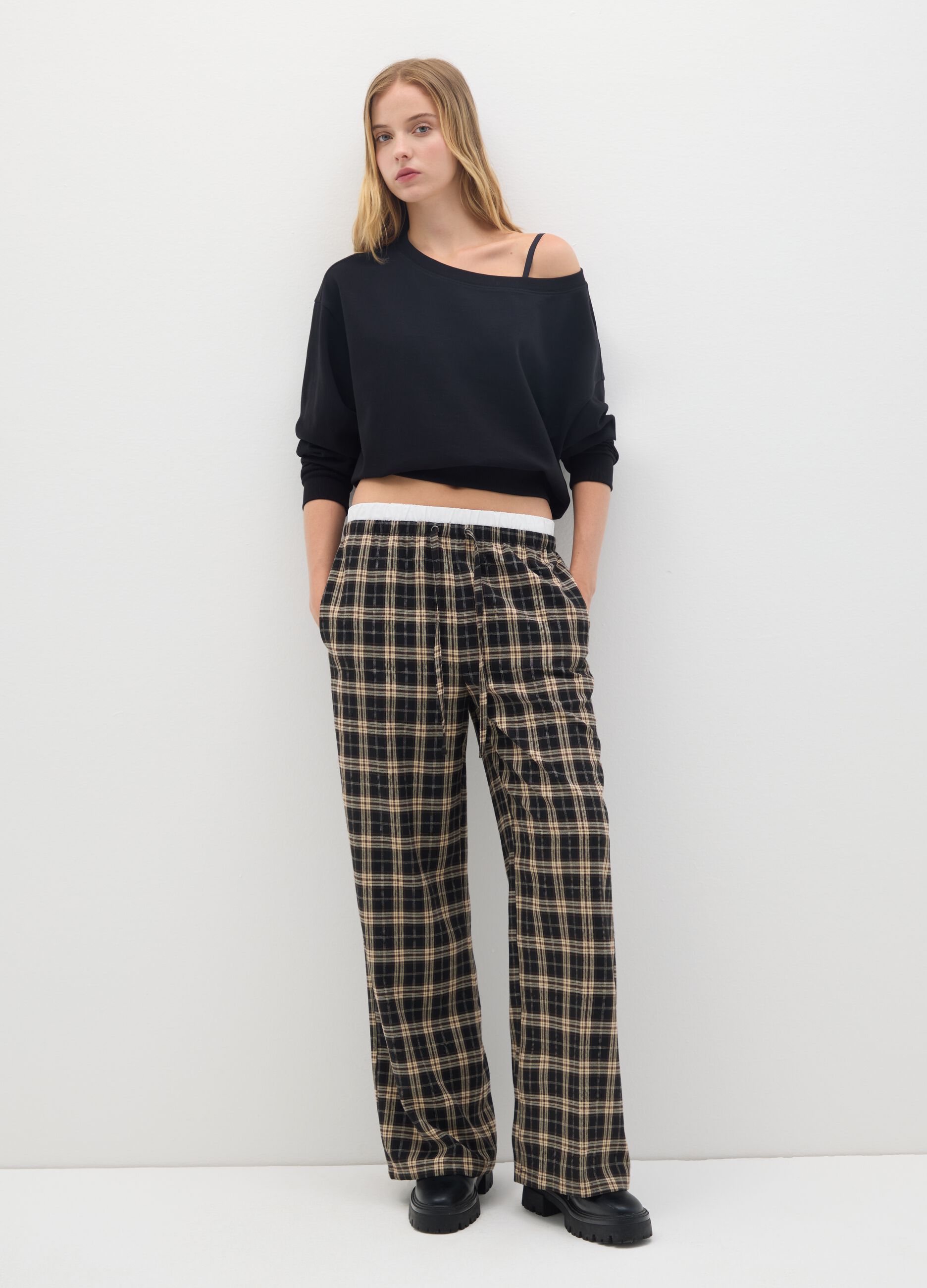 Multicolour Checked Wide-Leg Trousers