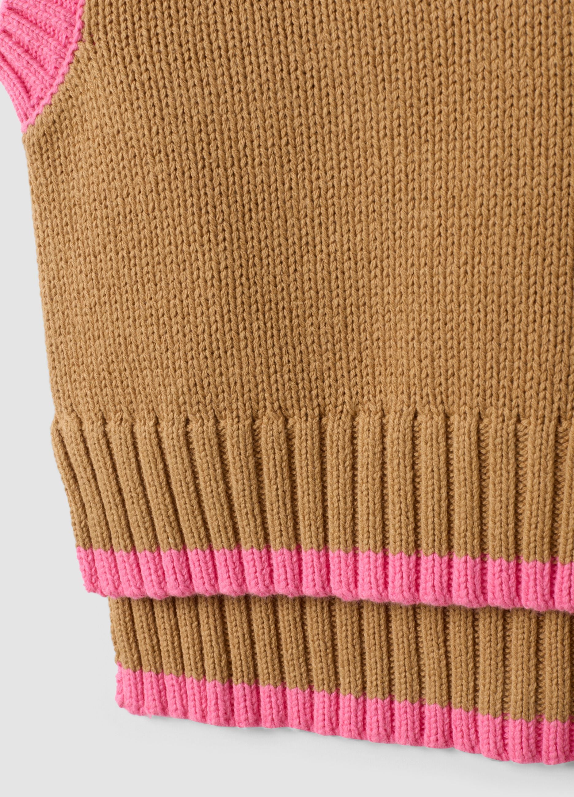 Brown cotton-blend V-neck gilet with contrast trim for girls