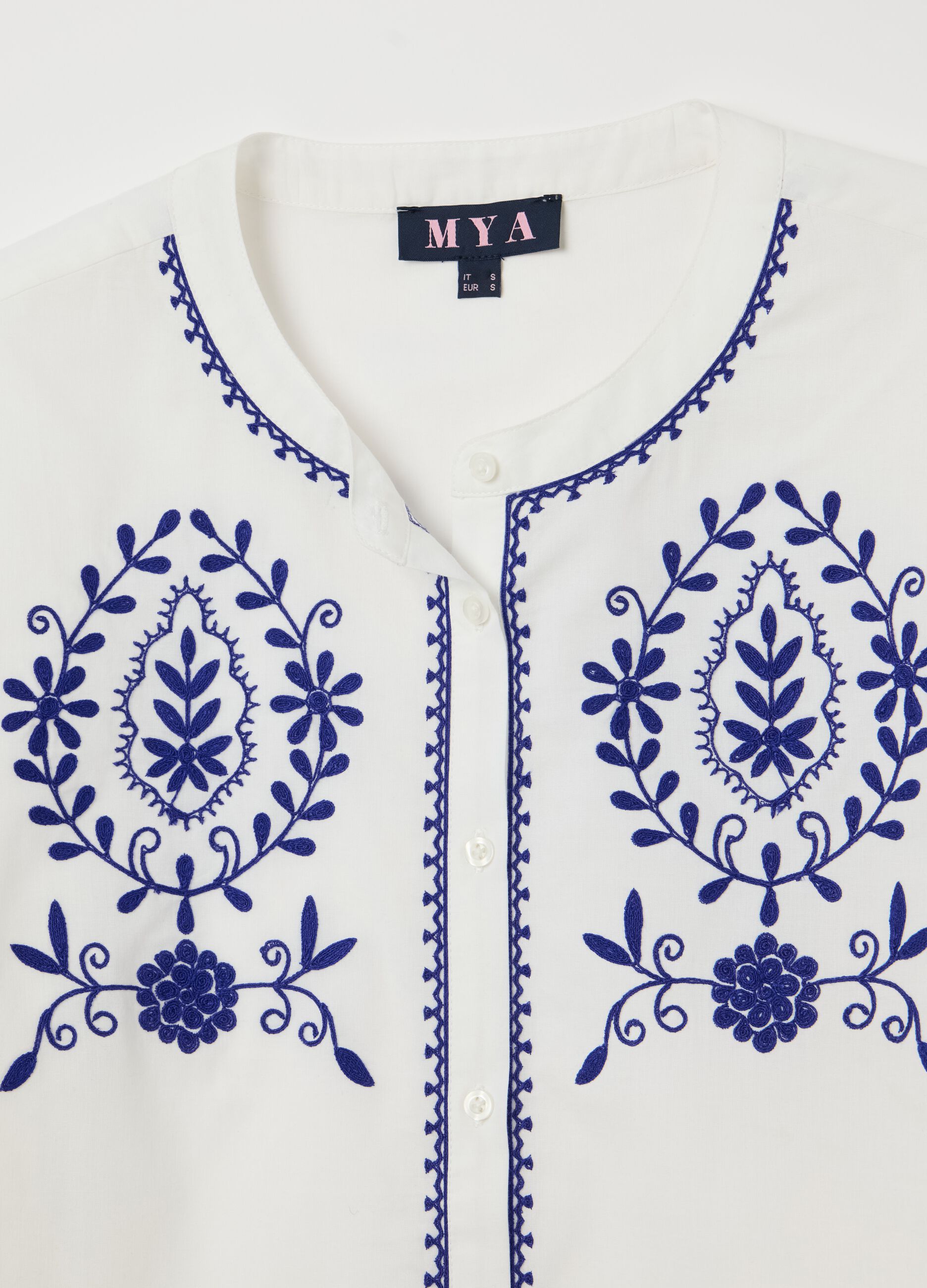 White blouse with blue embroidery in Mya cotton