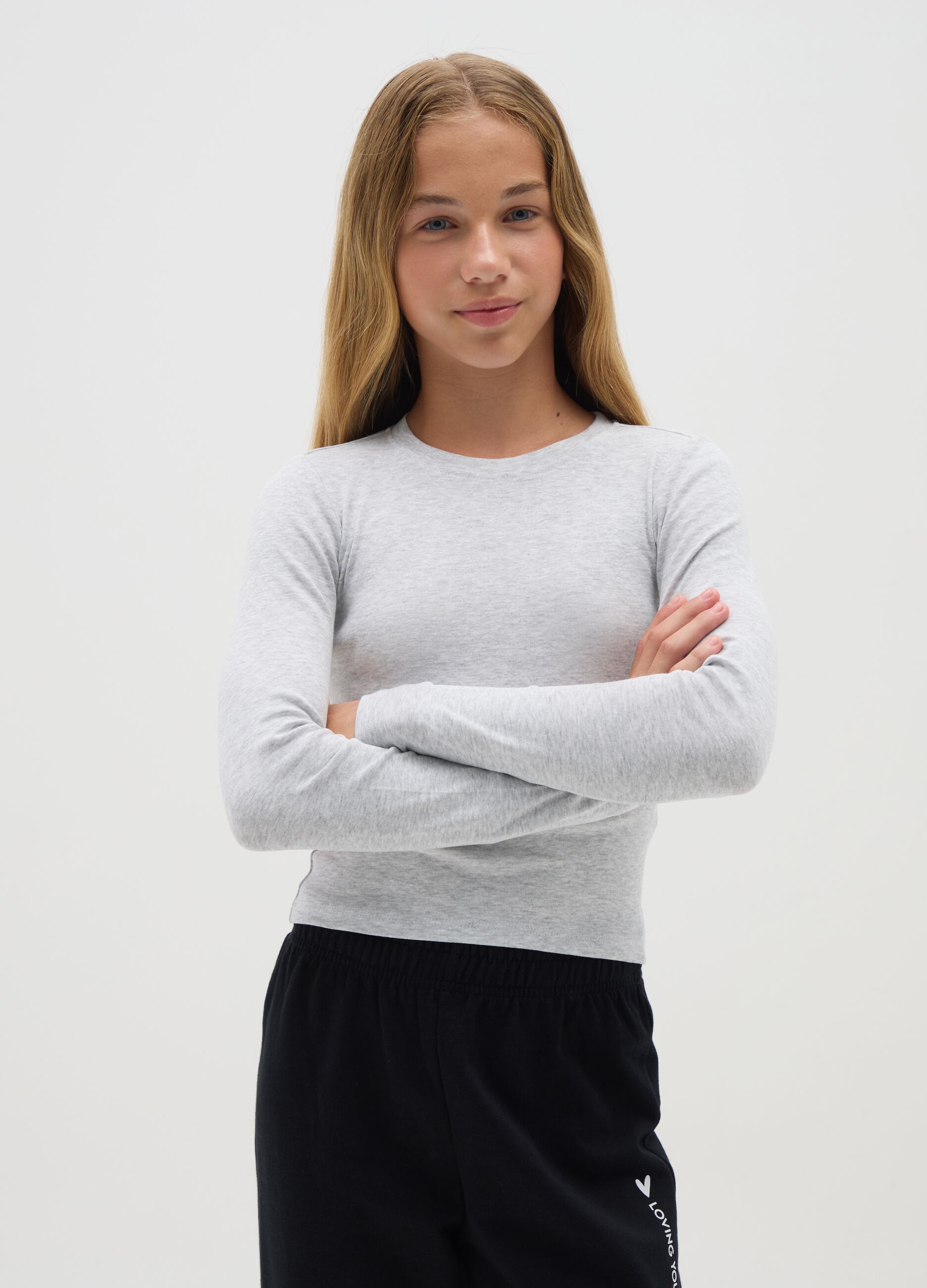 Girls' grey cotton blend long sleeve top regular fit