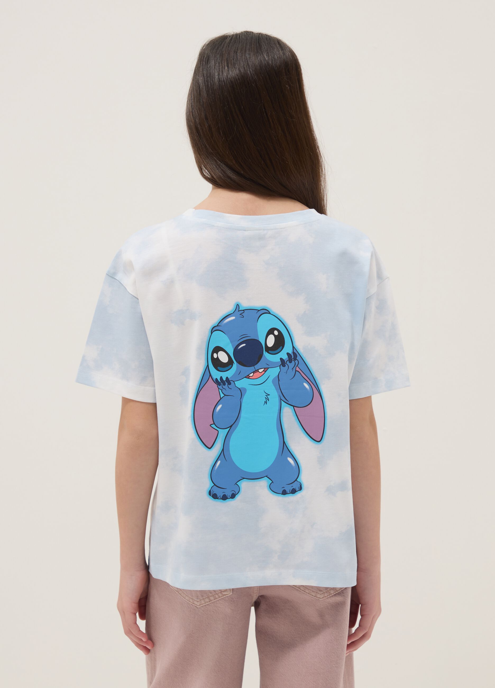 Multicolour pure cotton oversized girl's T-shirt with Stitch