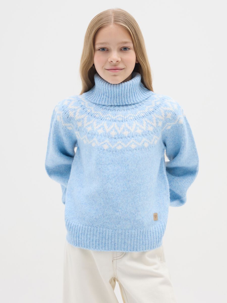 Girls' Light Blue Regular Fit Turtleneck Sweater with Jacquard Pattern_0