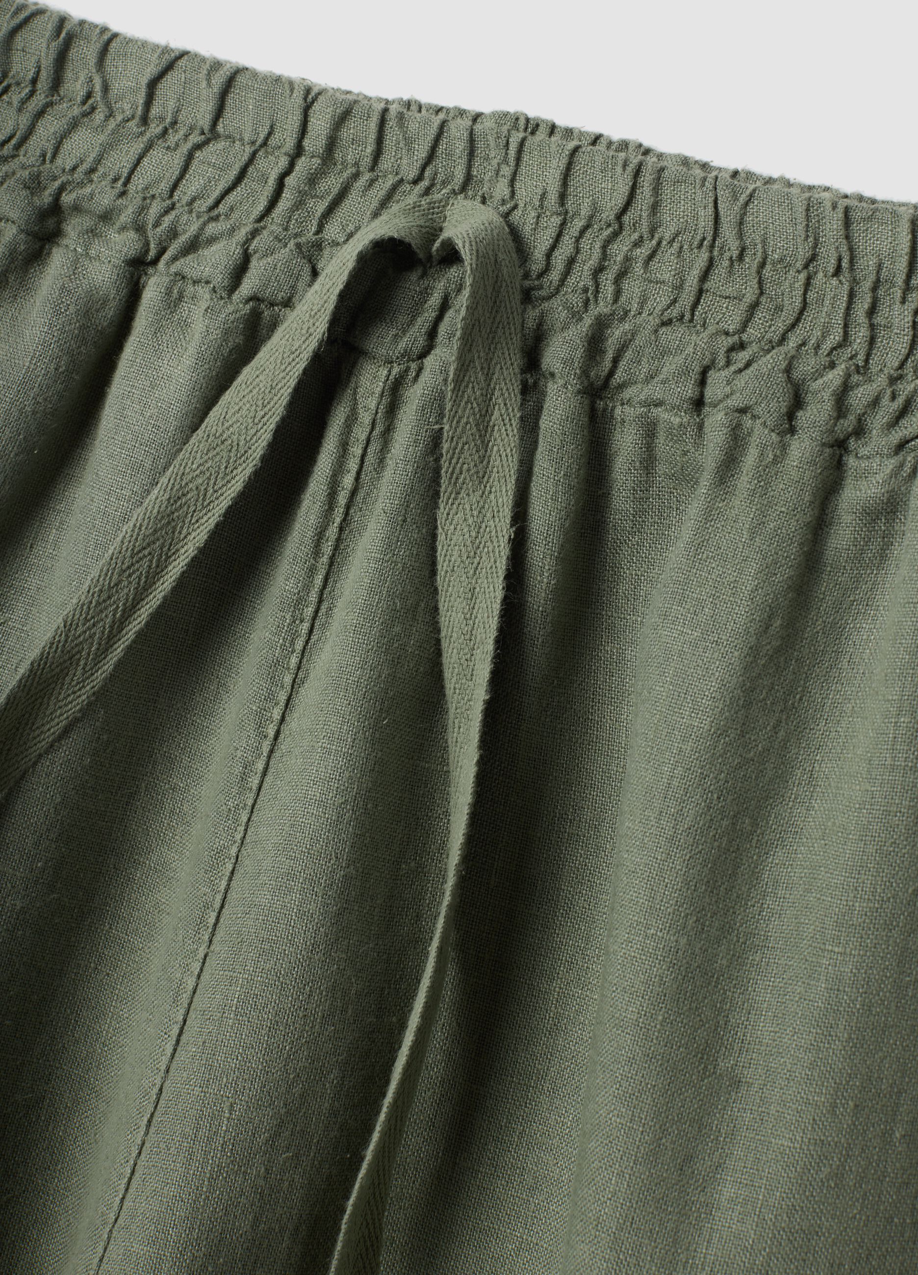 Green pure linen trousers with drawstring