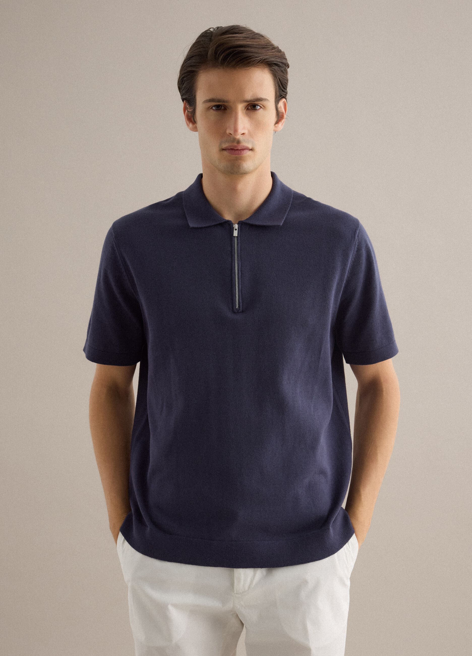 Short-sleeved blue pure cotton polo, regular fit with zip