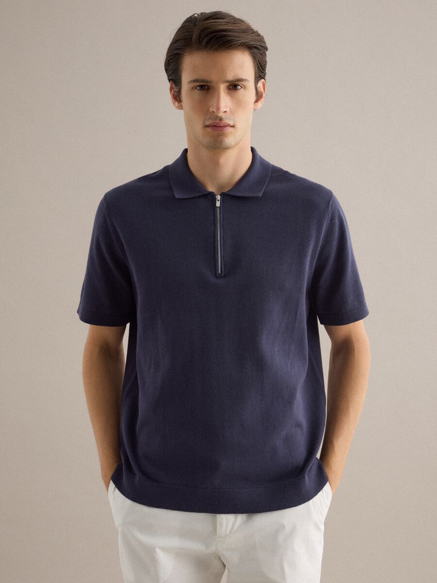 Short-sleeved blue pure cotton polo, regular fit with zip_0