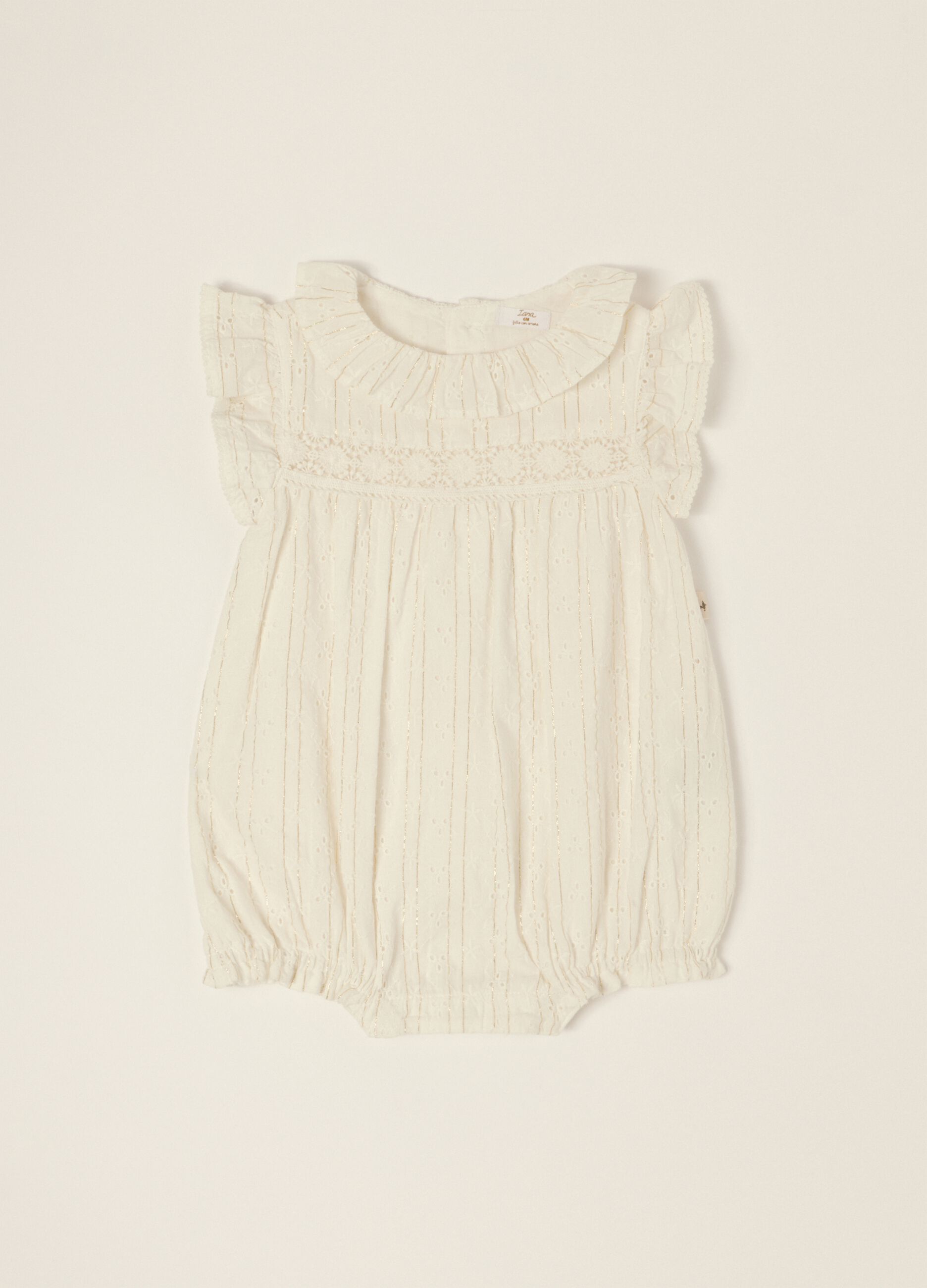 White cotton-blend baby girl sleepsuit with classic collar