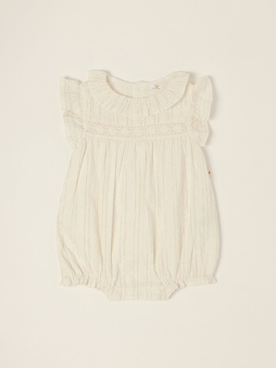 White cotton-blend baby girl sleepsuit with classic collar_0