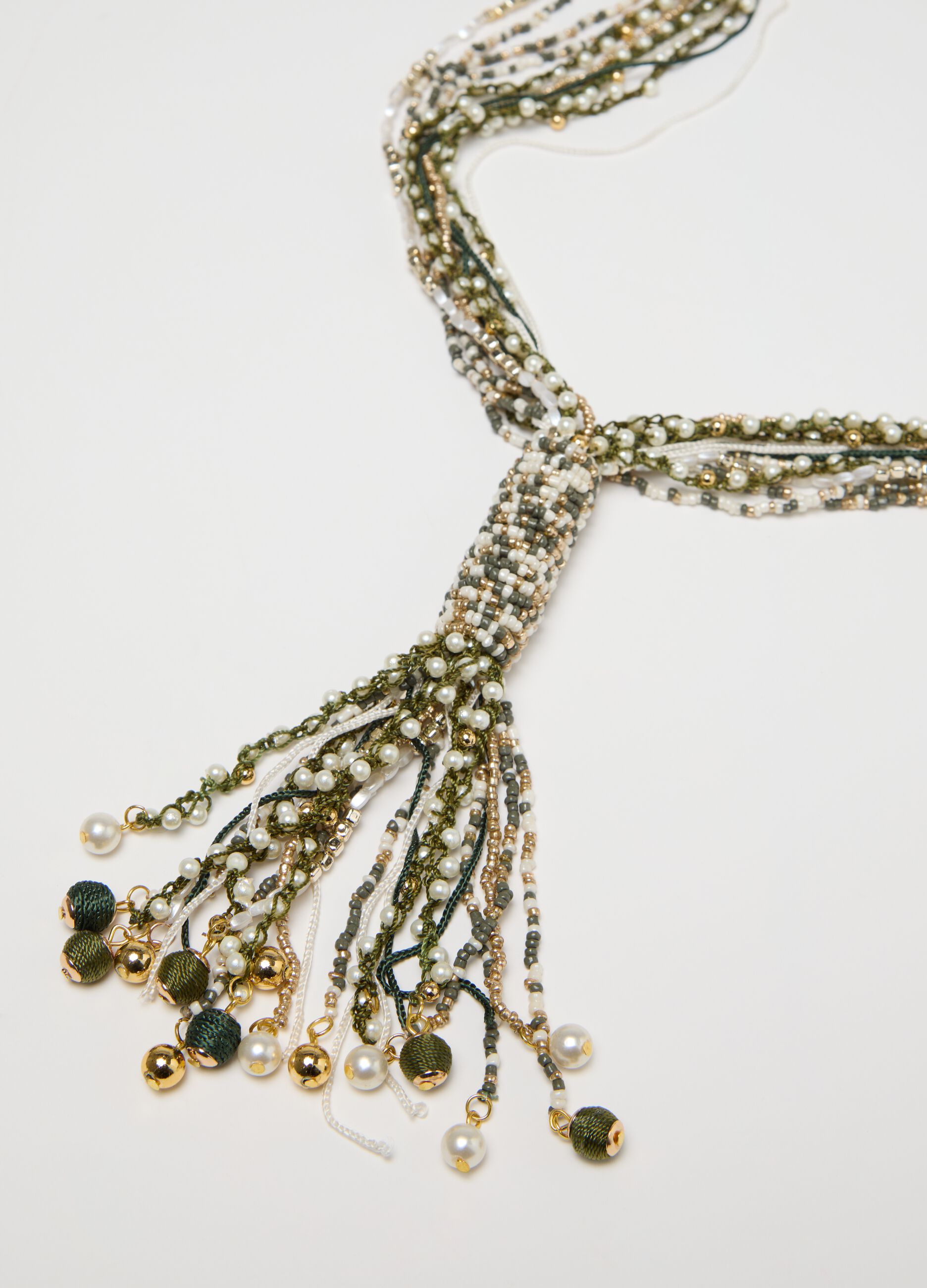 Green and gold multi-string necklace with knot