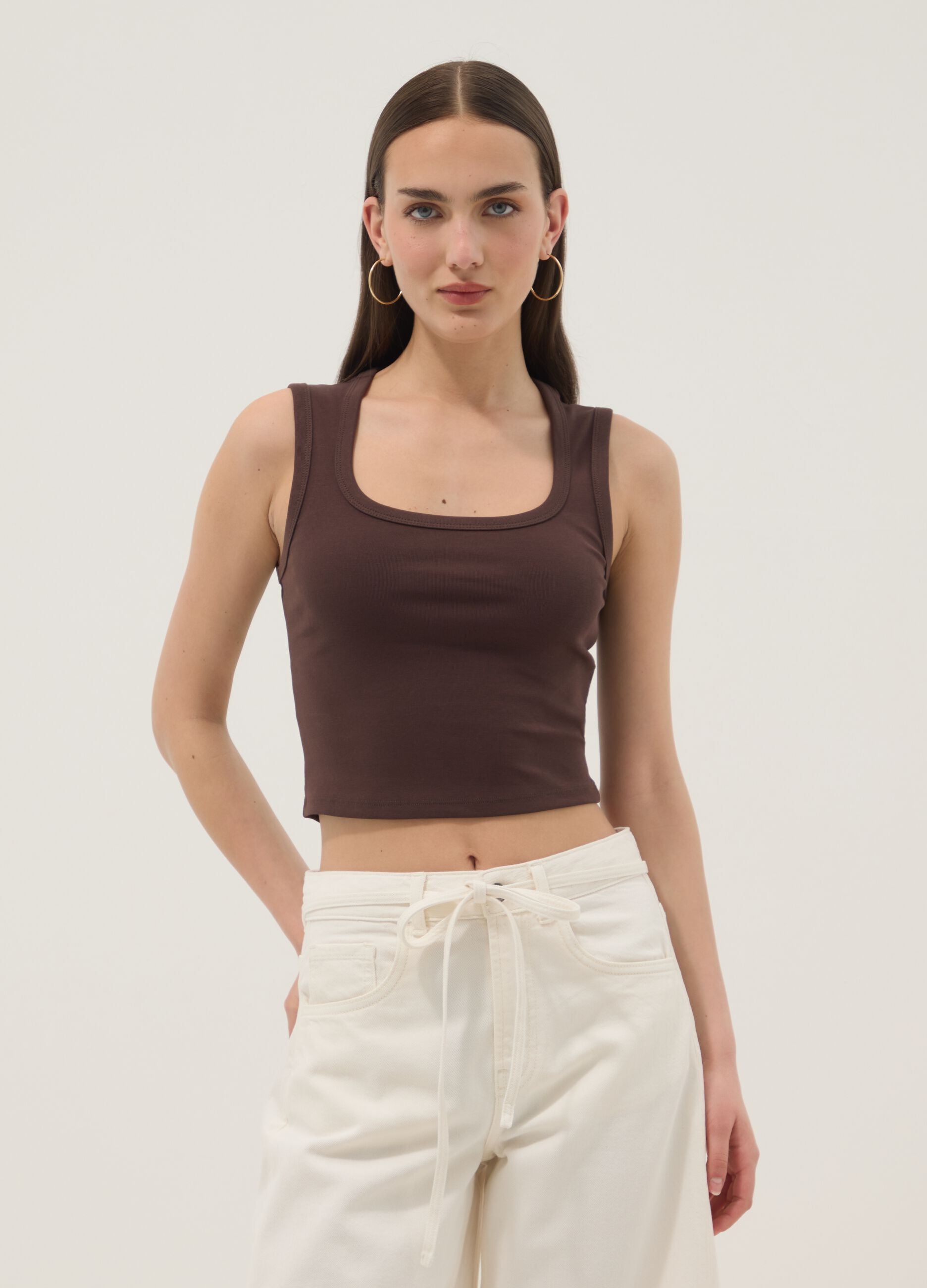 Brown cropped stretch-cotton tank top