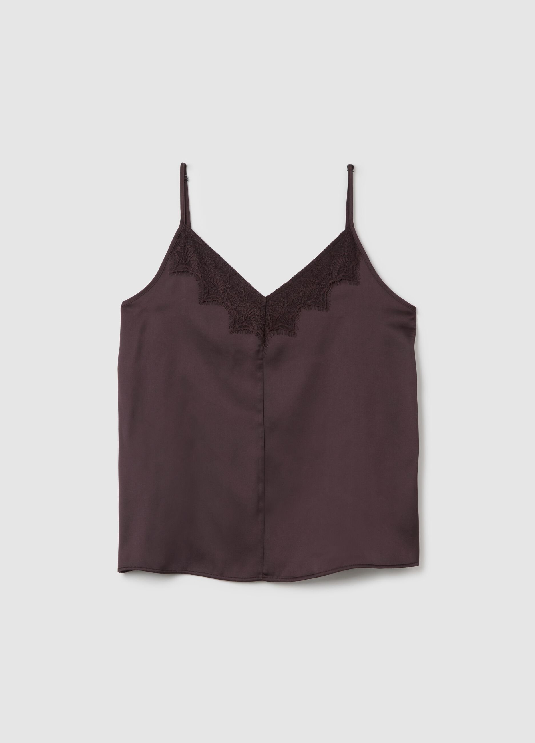 Women's brown satin blend slim fit top with lace