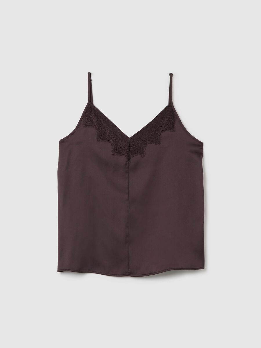 Women's brown satin blend slim fit top with lace_4