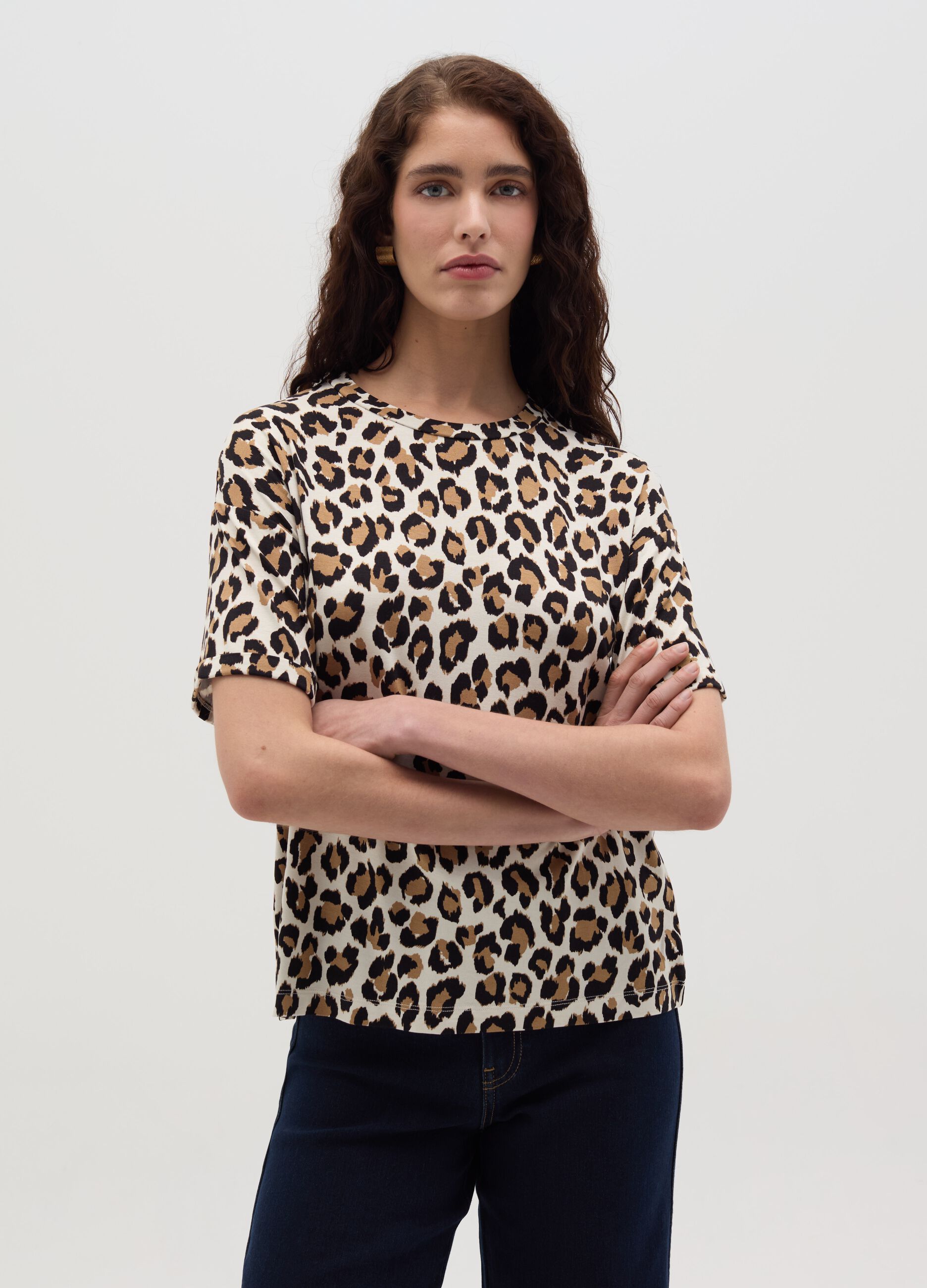Animal print T-shirt with kimono sleeves
