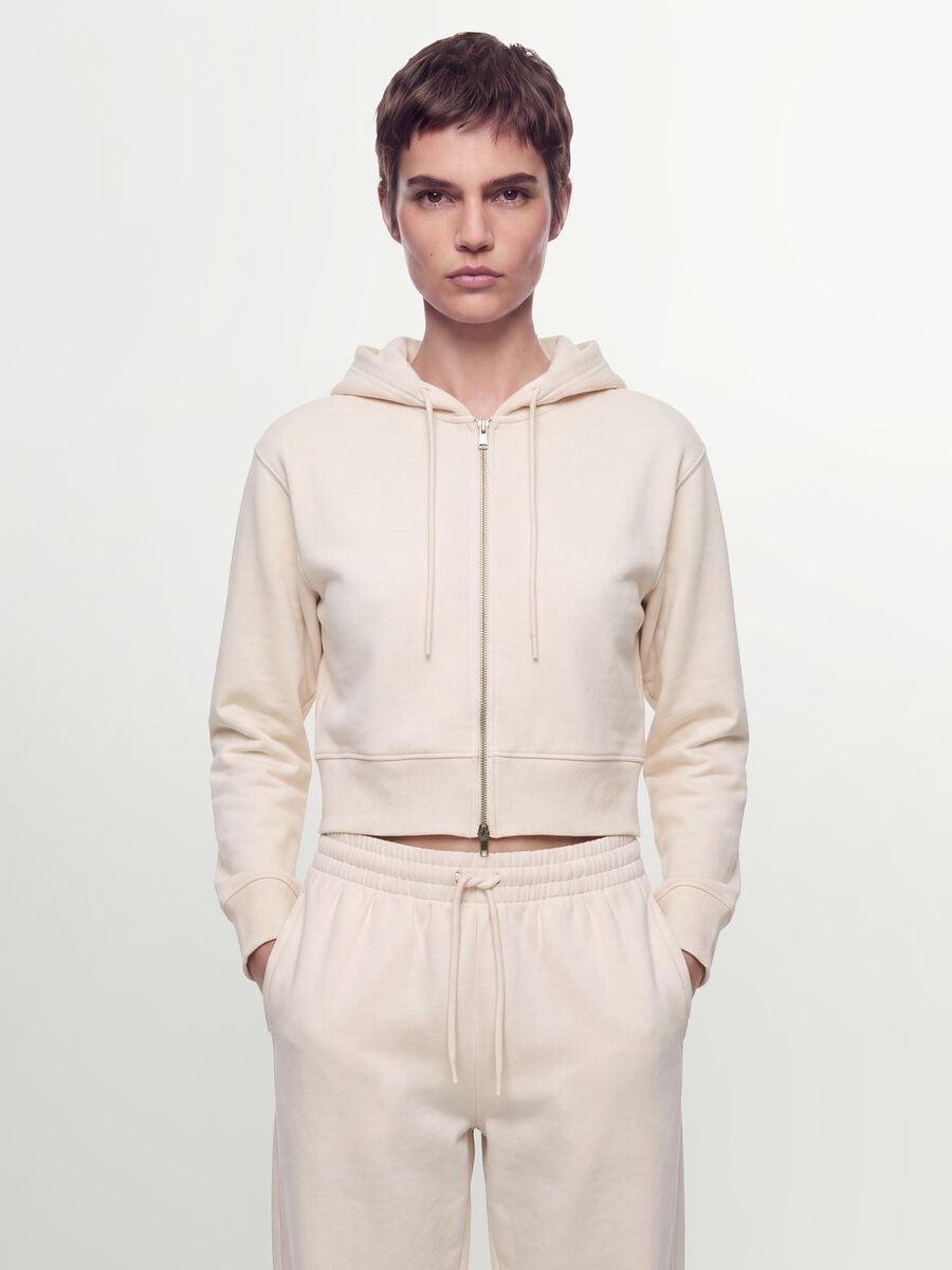 Felpa full zip bianca in misto cotone con cappuccio fitted_1