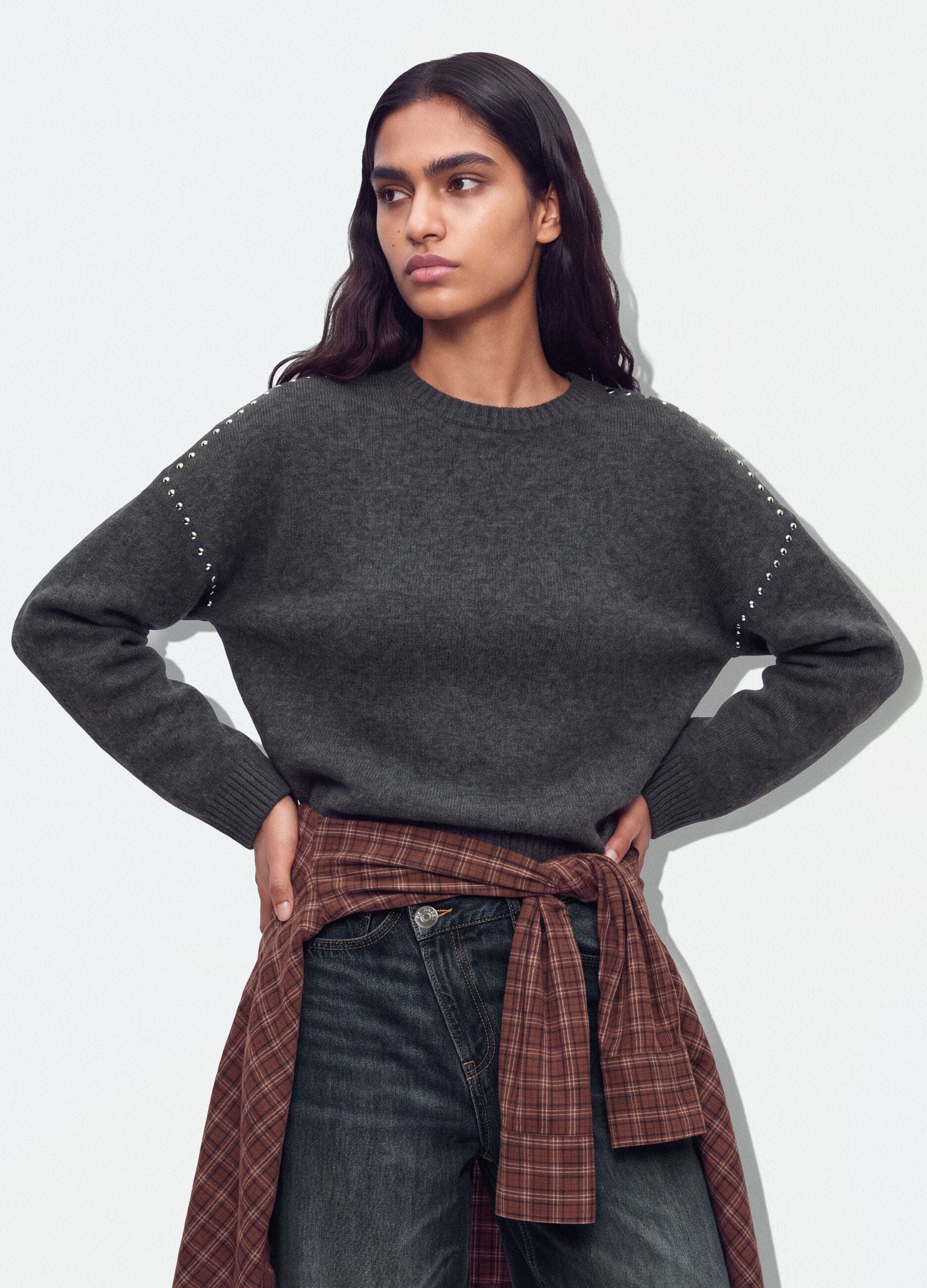 Grey stretch wool jumper with studded trims