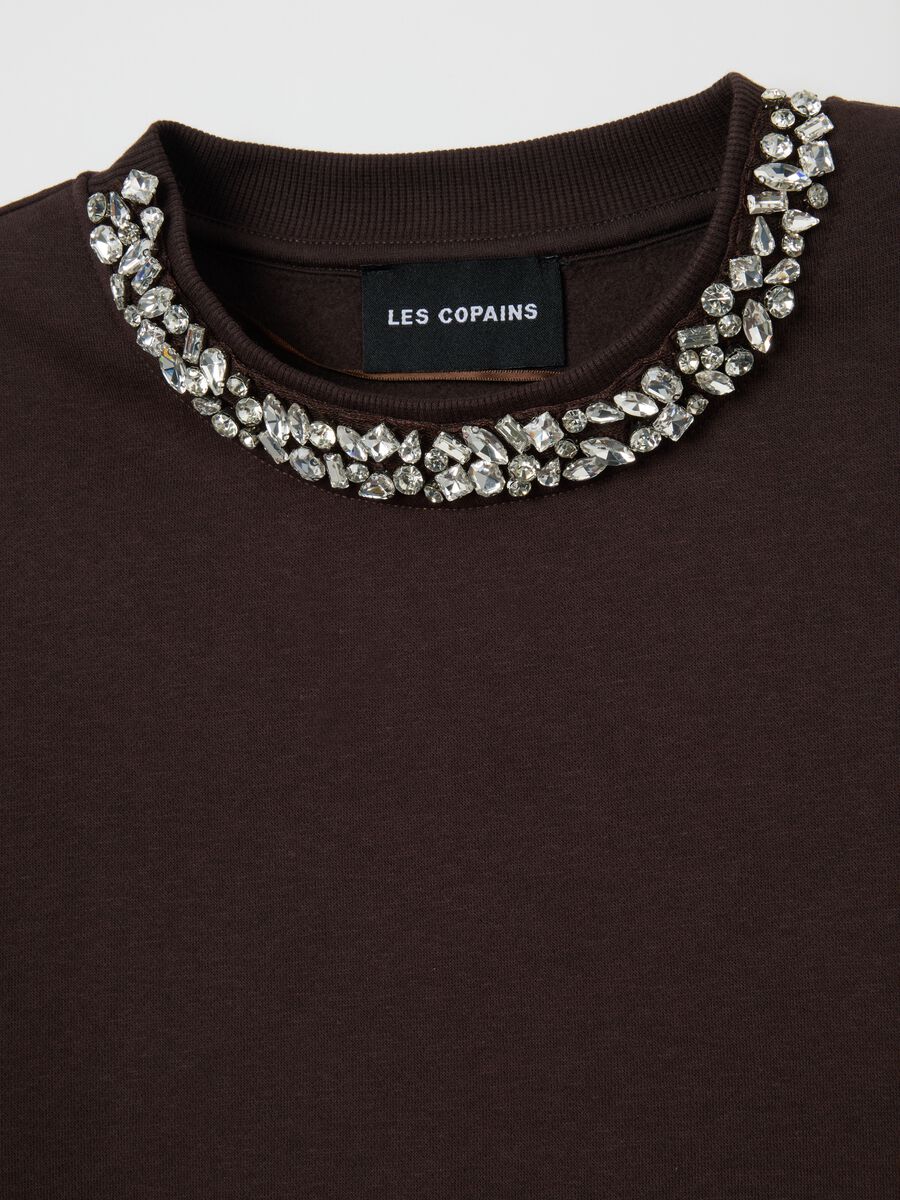 Felpa in misto cotone marrone regular fit con scollo rotondo decorato_5